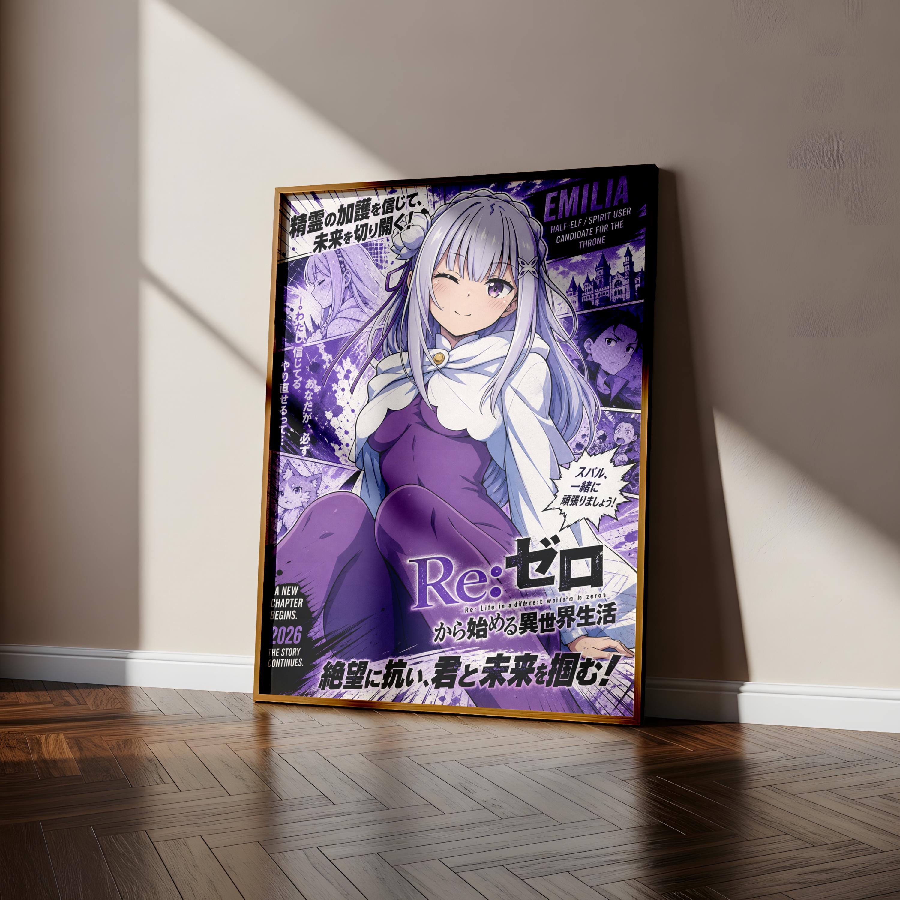 The image is a poster featuring an anime-style illustration of a young woman with long, gray hair wearing a purple outfit. The poster has a predominantly purple and white color scheme with some black text and graphics.