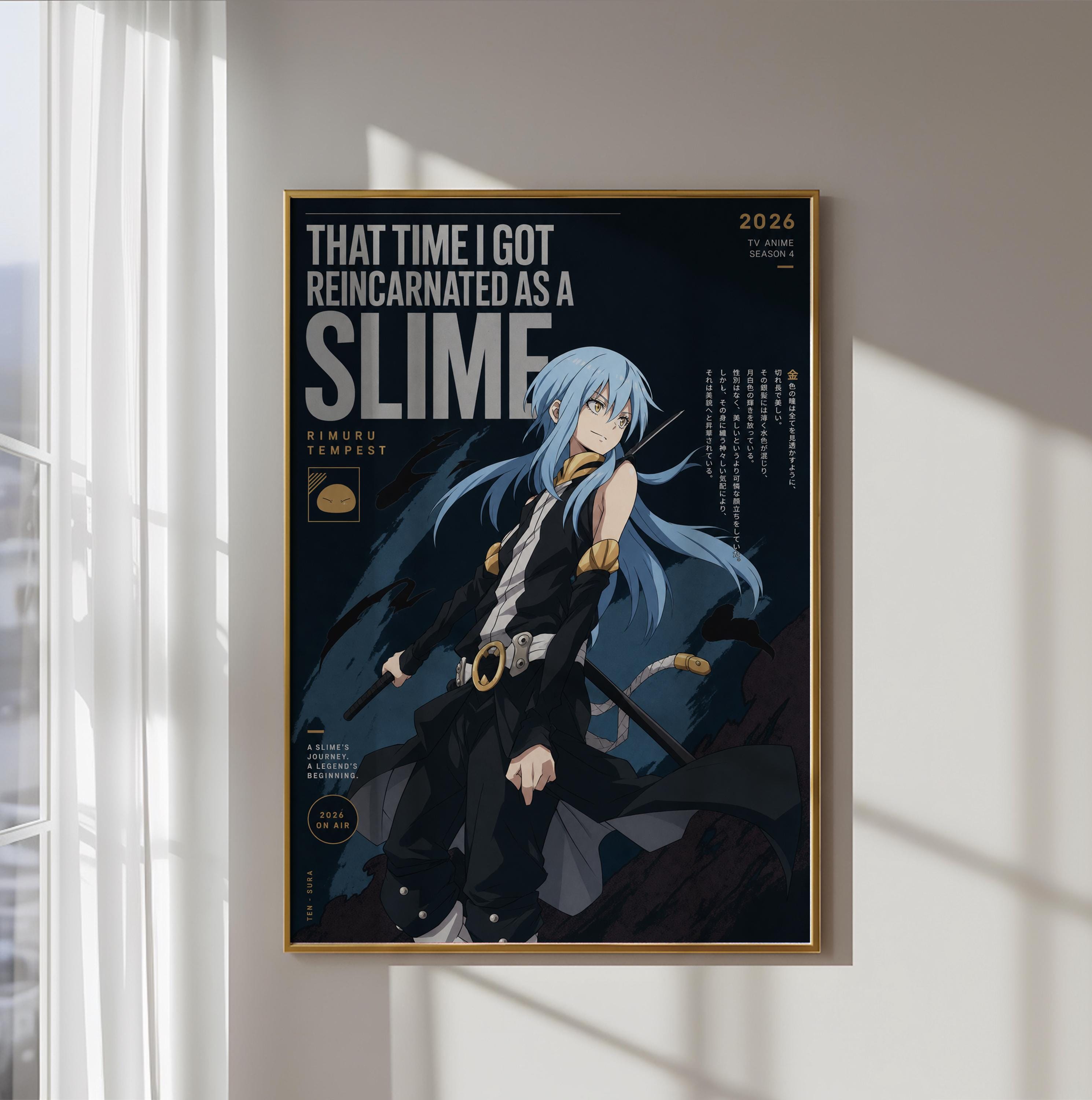 The image is a poster featuring an anime character with blue hair and a serious expression, standing in a dark, moody setting.