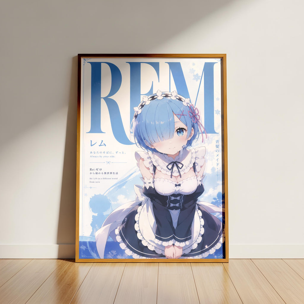 The image is a framed poster featuring an anime-style illustration of a young woman with blue hair and a maid outfit.