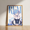 The image is a framed poster featuring an anime-style illustration of a young woman with blue hair and a maid outfit.
