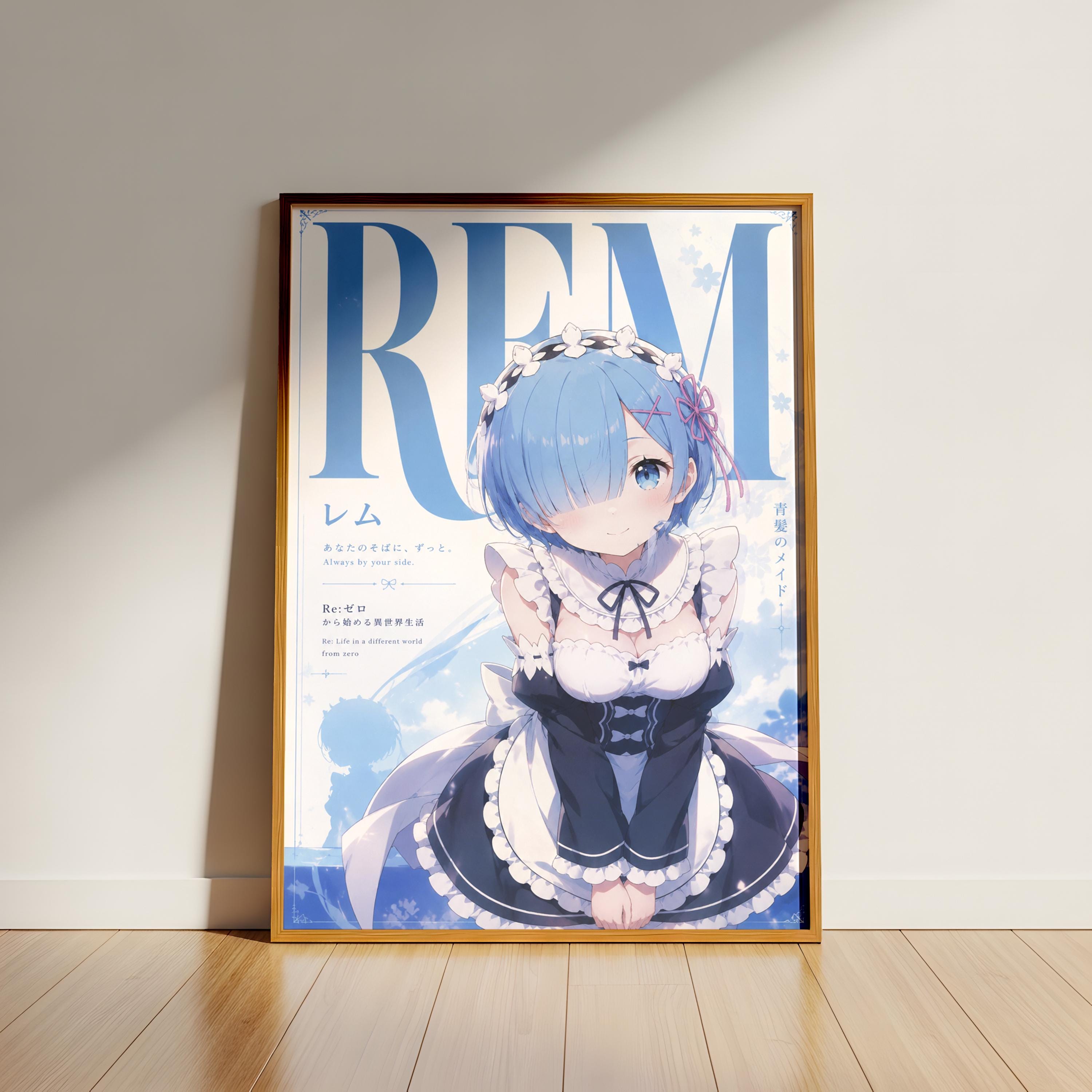 The image is a framed poster featuring an anime-style illustration of a young woman with blue hair and a maid outfit.