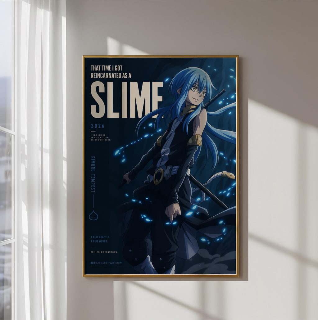 The image is a poster featuring an anime-style illustration of a character with blue hair and a dark outfit, surrounded by glowing blue lights.
