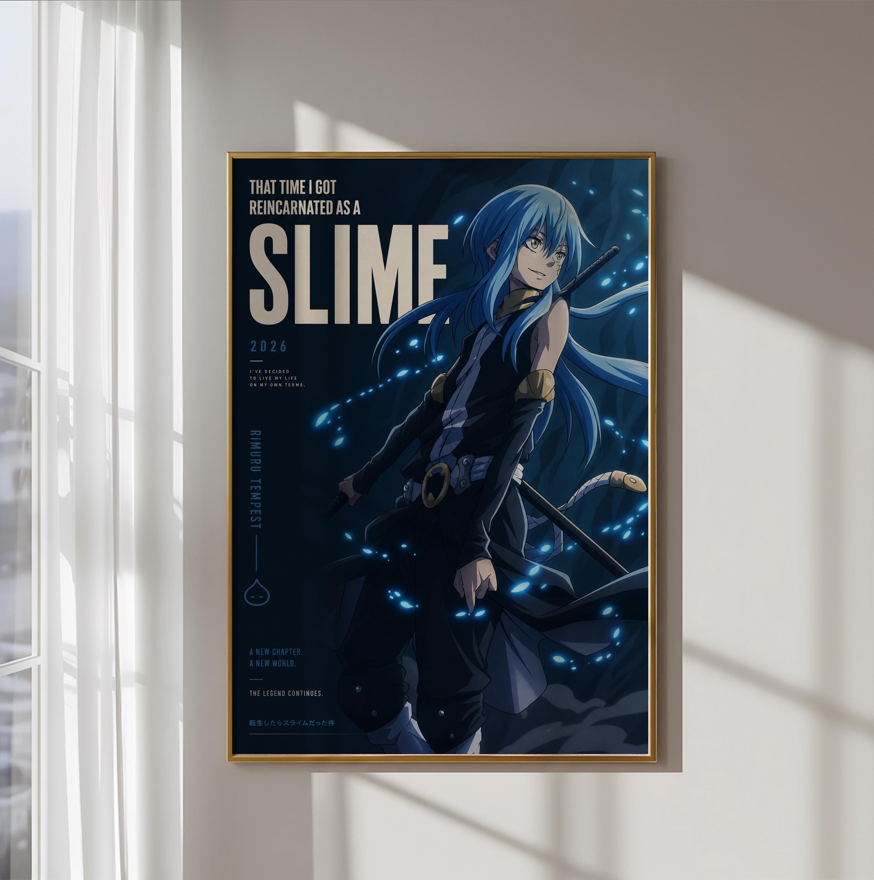 The image is a poster featuring an anime-style illustration of a character with blue hair and a dark outfit, surrounded by glowing blue lights.