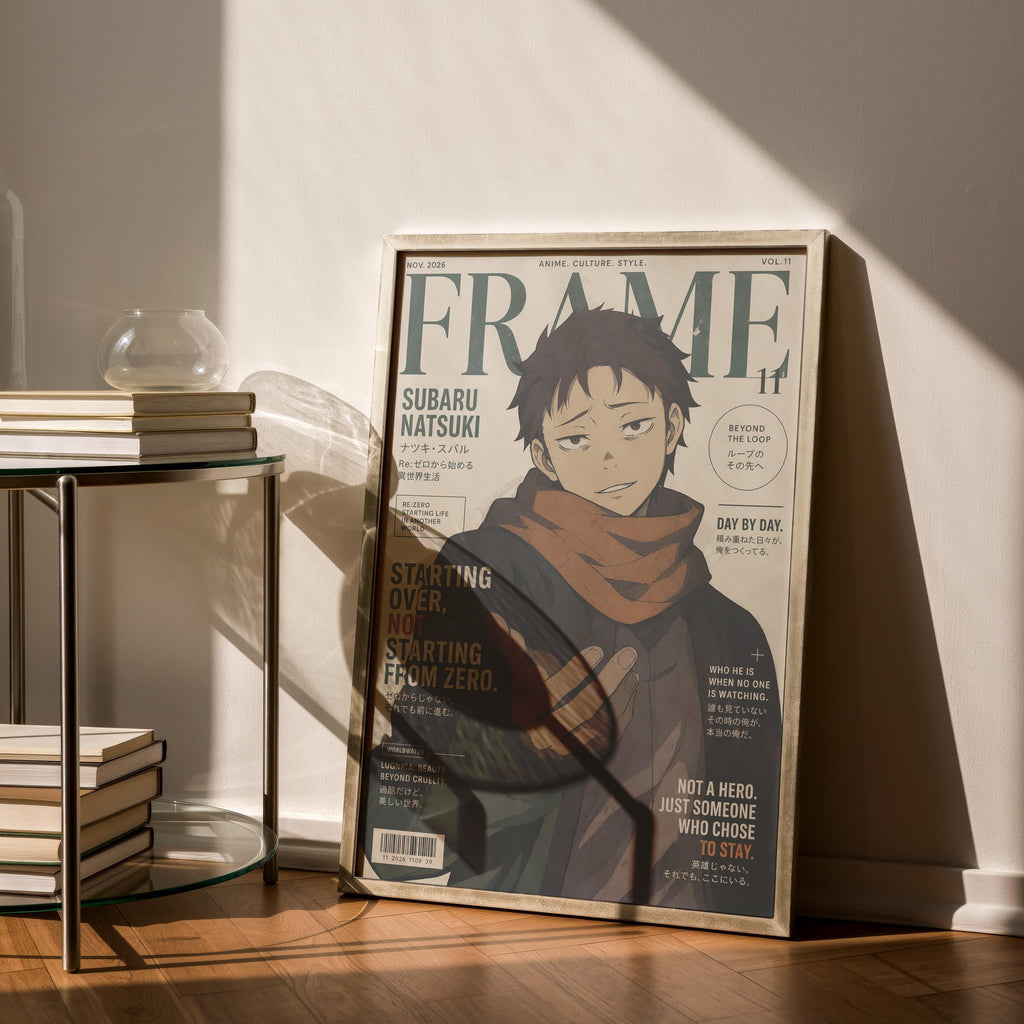 a framed poster of an anime character, likely from the series "Subaru Natsuaki", displayed on a wall next to a glass table.