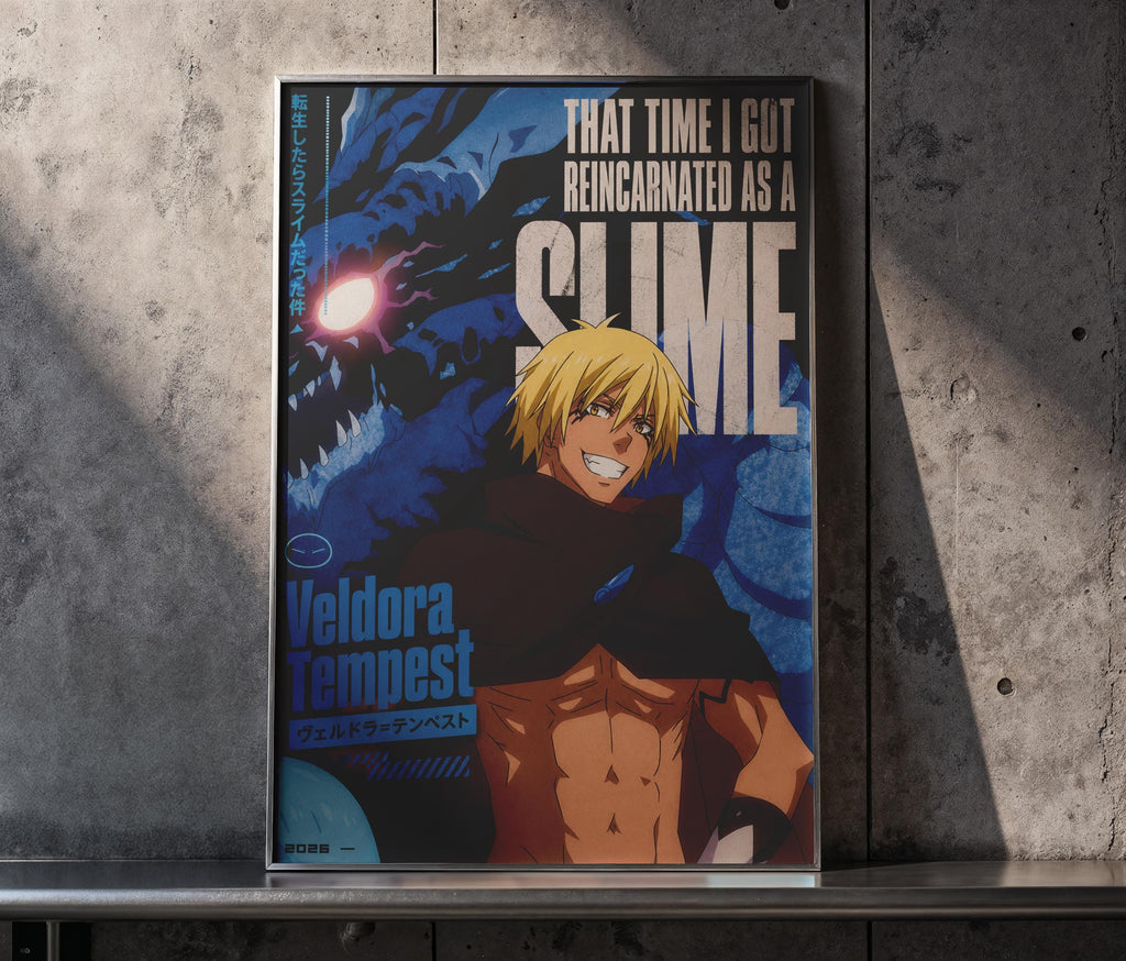 The image is a poster featuring an anime character with a muscular build and blonde hair, wearing a black cape. The poster has a blue background with a large text that reads "That time I got reined in as a slime".