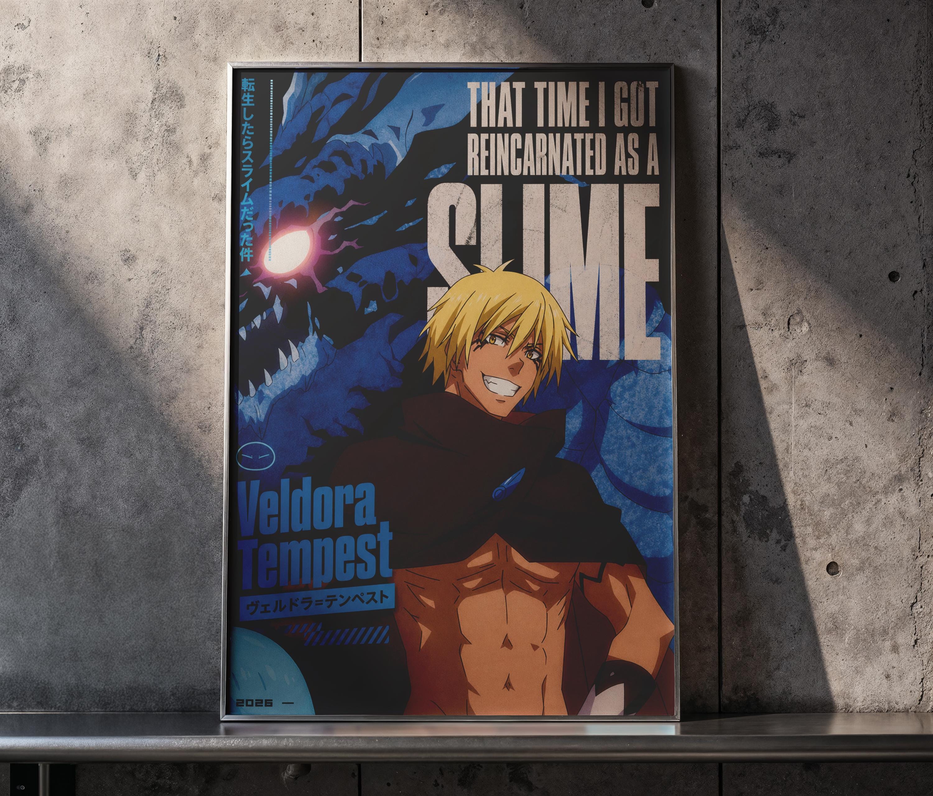 The image is a poster featuring an anime character with a muscular build and blonde hair, wearing a black cape. The poster has a blue background with a large text that reads "That time I got reined in as a slime".