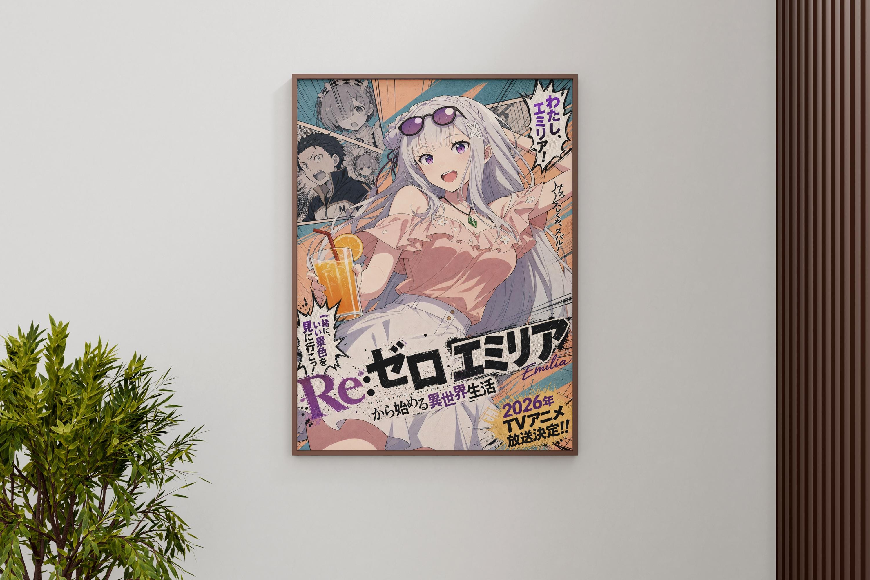 The image is a framed poster featuring an anime-style illustration of a young woman with long hair and sunglasses. The poster has Japanese text and a colorful, stylized background.