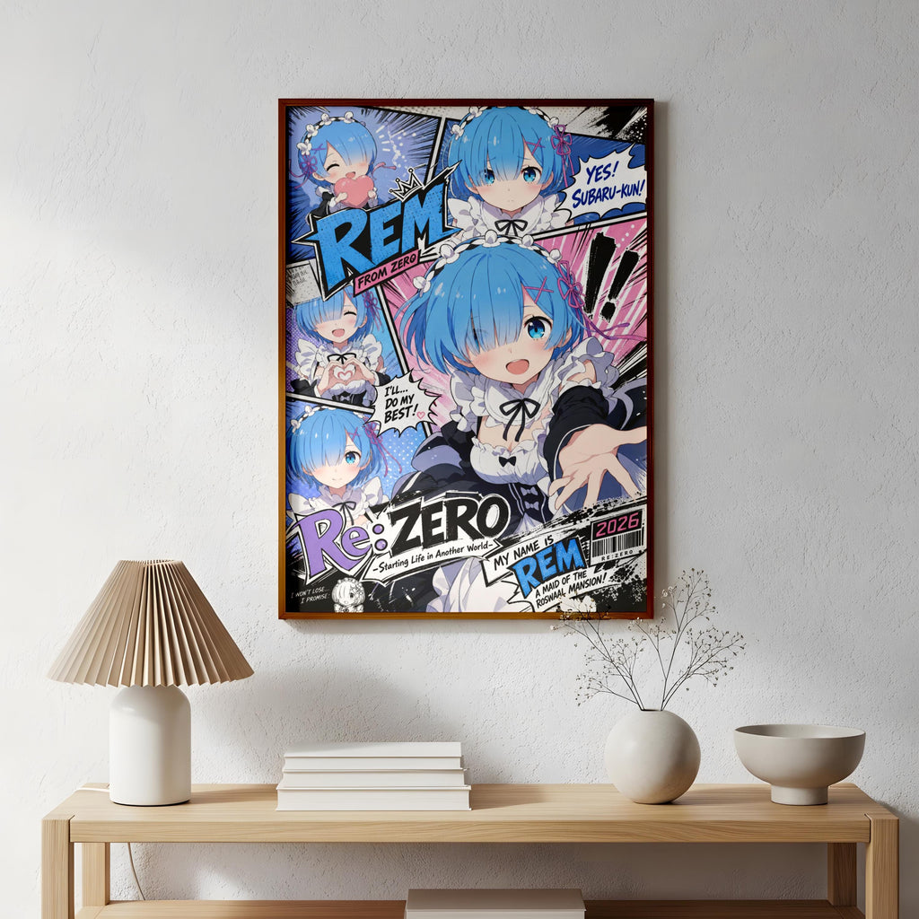 The image is a framed poster featuring a collage of anime-style characters, including a blue-haired girl with a surprised expression.