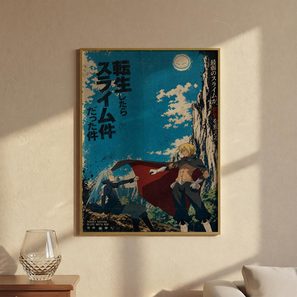 The image is a framed poster featuring an illustration of a character in a red cape, standing in a mountainous landscape with a moon in the sky. The poster has Japanese text on it, which appears to be a title or description related to the artwork.