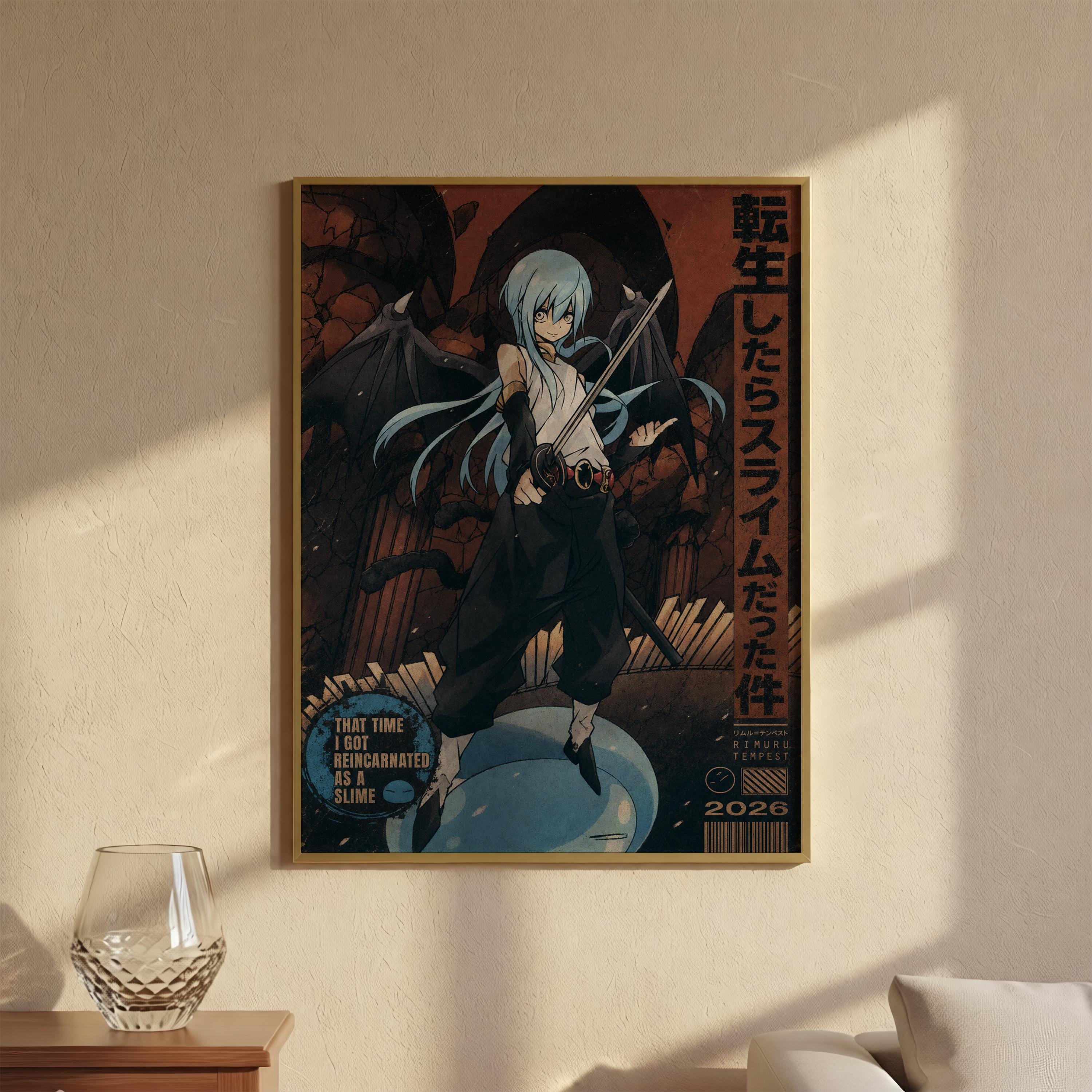 The image is a framed poster featuring an anime-style illustration of a character with blue hair and a sword, set against a dark, fantastical background.
