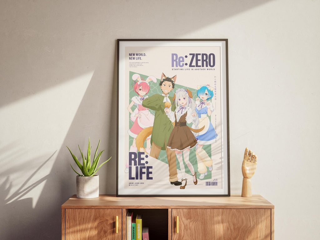 a poster of the anime series Re:Zero, which is displayed on a wooden cabinet.