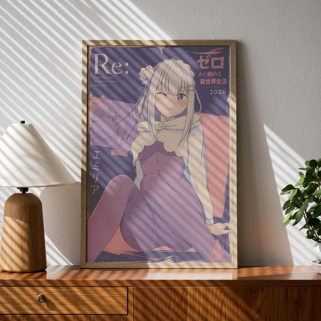 a framed poster of an anime-style illustration of a young woman with long hair and a flower in her hair, sitting on a chair. The poster is framed in a wooden frame and is placed on a wooden surface, such as a table or shelf. There is a lamp next to the poster, and a plant is visible in the background.