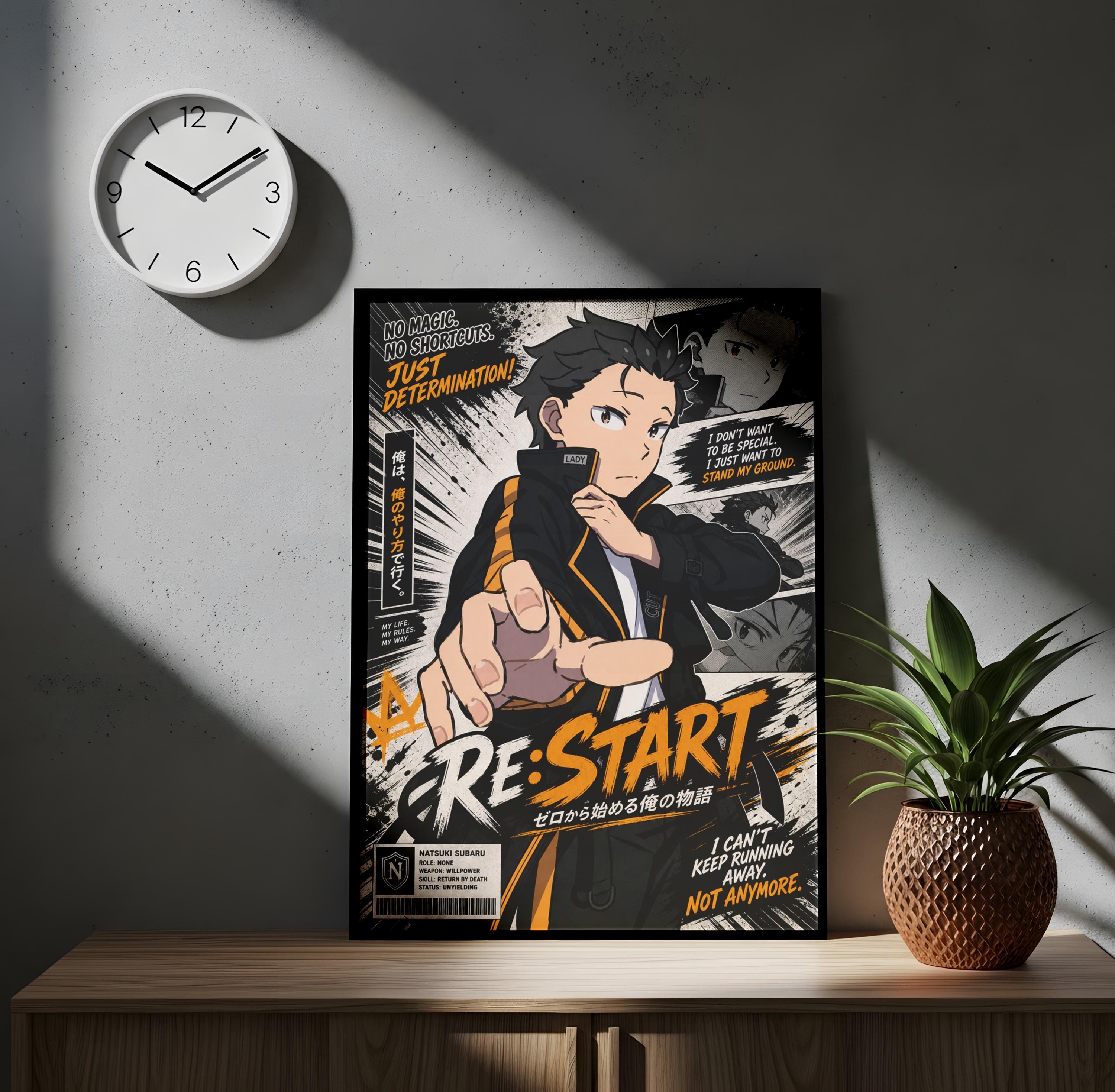a poster with a character and text, placed on a wooden surface next to a clock and a potted plant.