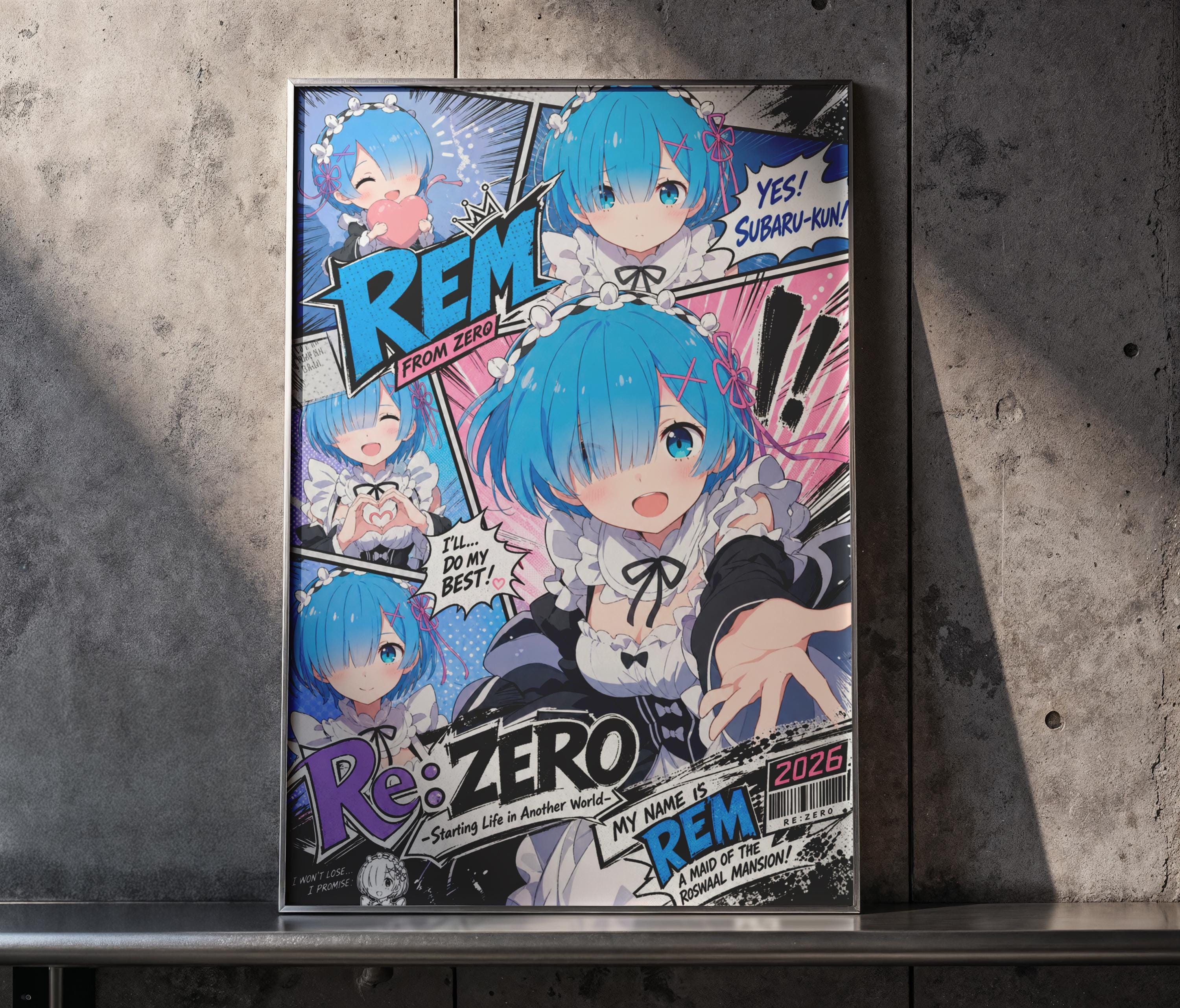 The image is a poster featuring an anime-style illustration of a character named REM, with various speech bubbles and text elements.