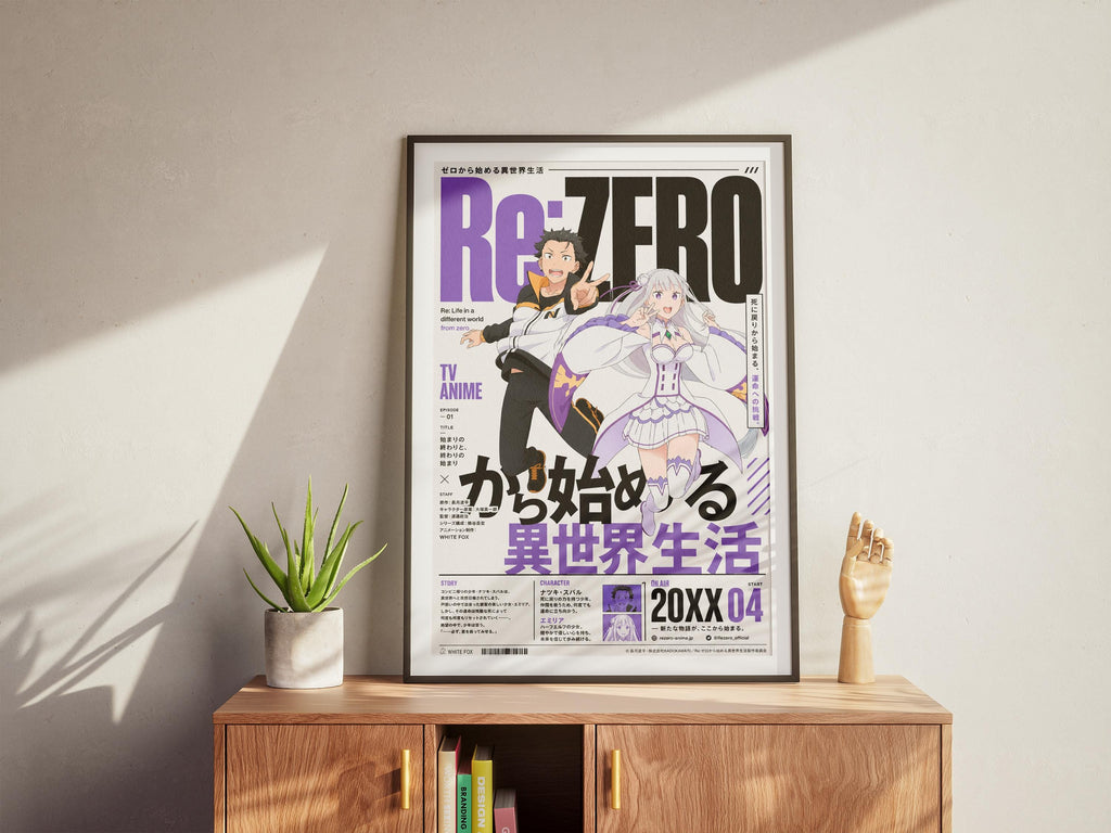 a poster of anime characters, specifically ReZero from the TV anime series, displayed on a wooden cabinet.