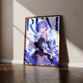 a large poster of an anime-style character with blue hair and a flowing dress, standing in a room with a wooden floor.