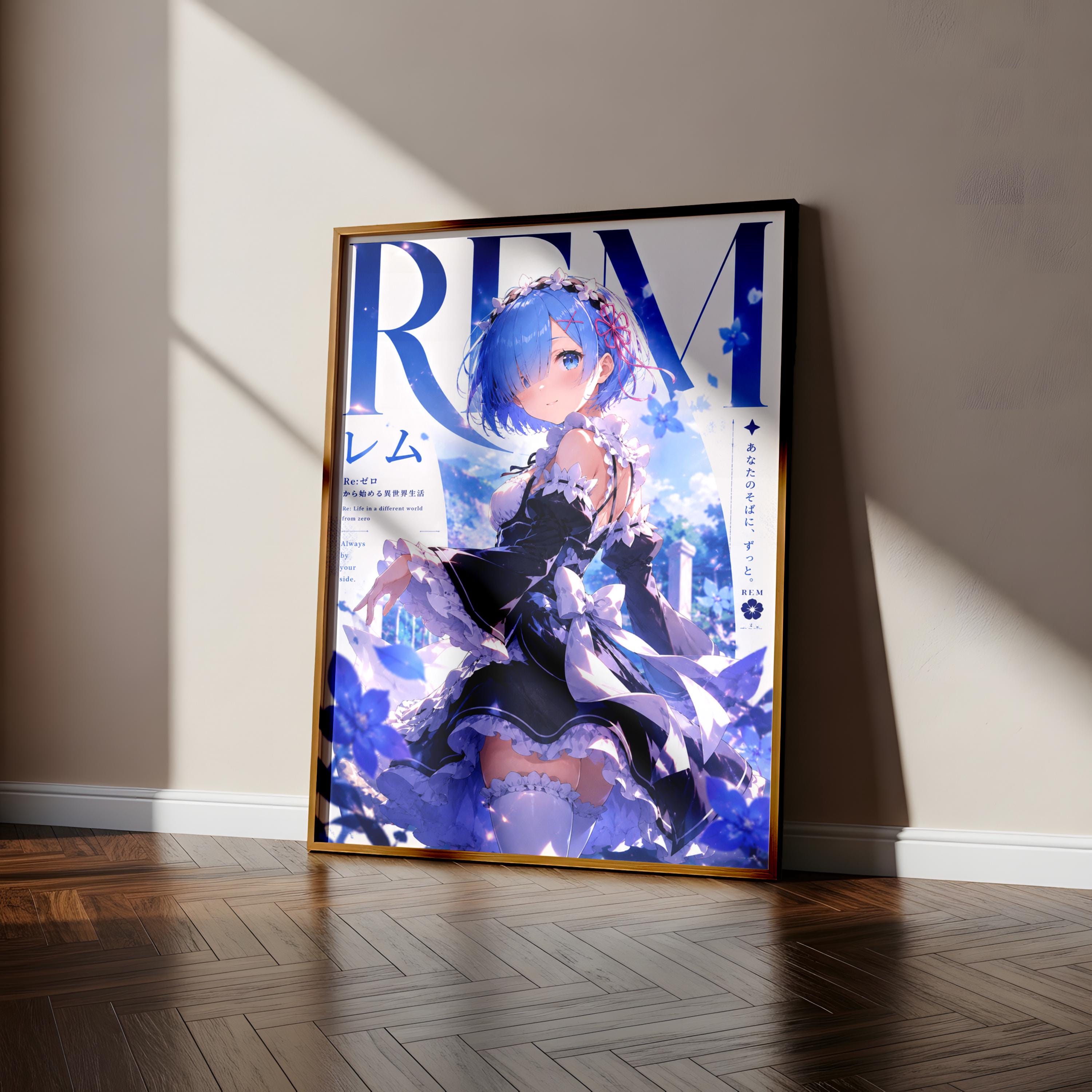 a large poster of an anime-style character with blue hair and a flowing dress, standing in a room with a wooden floor.