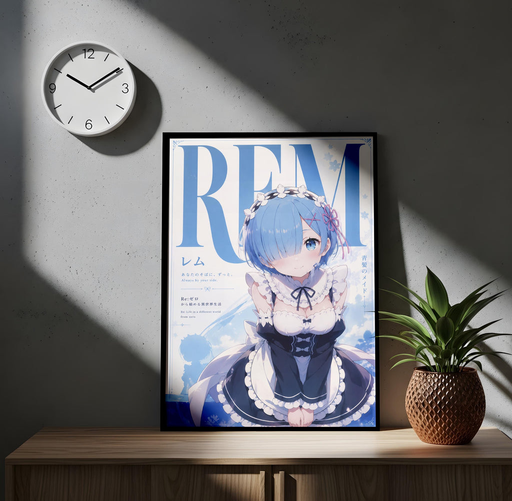 a poster of an anime character with a clock on the wall above it.