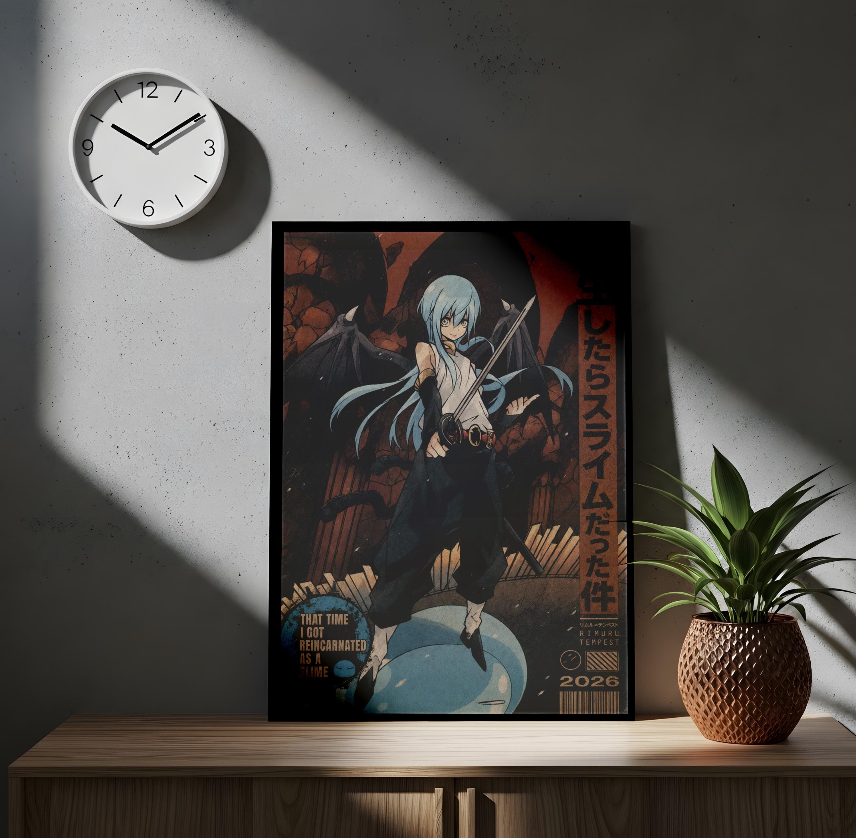 a poster of an anime character with a clock on the wall above it.