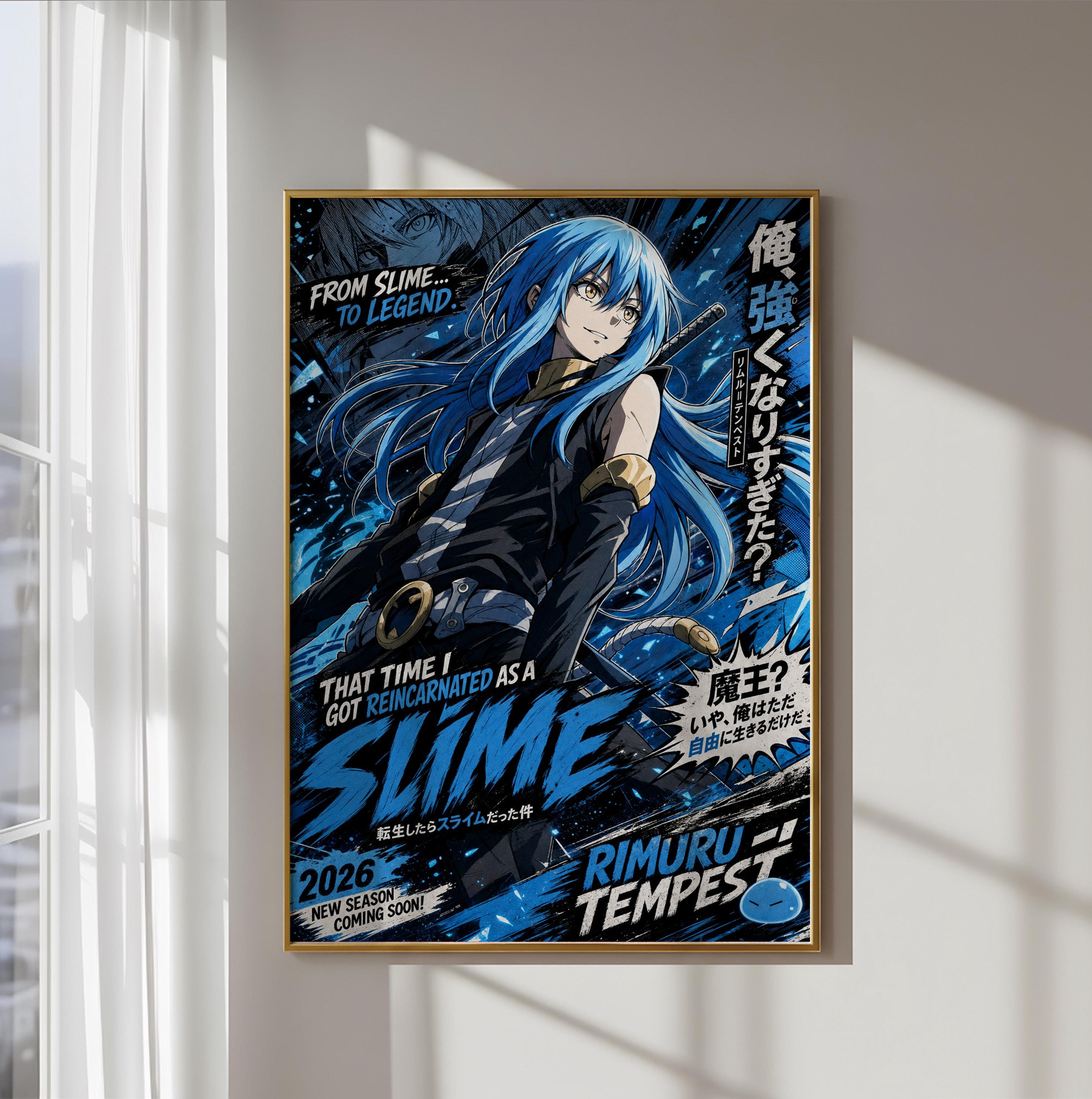 The image is a poster featuring an anime-style illustration of a character with blue hair and a serious expression, surrounded by various elements such as text, graphics, and a splash effect.