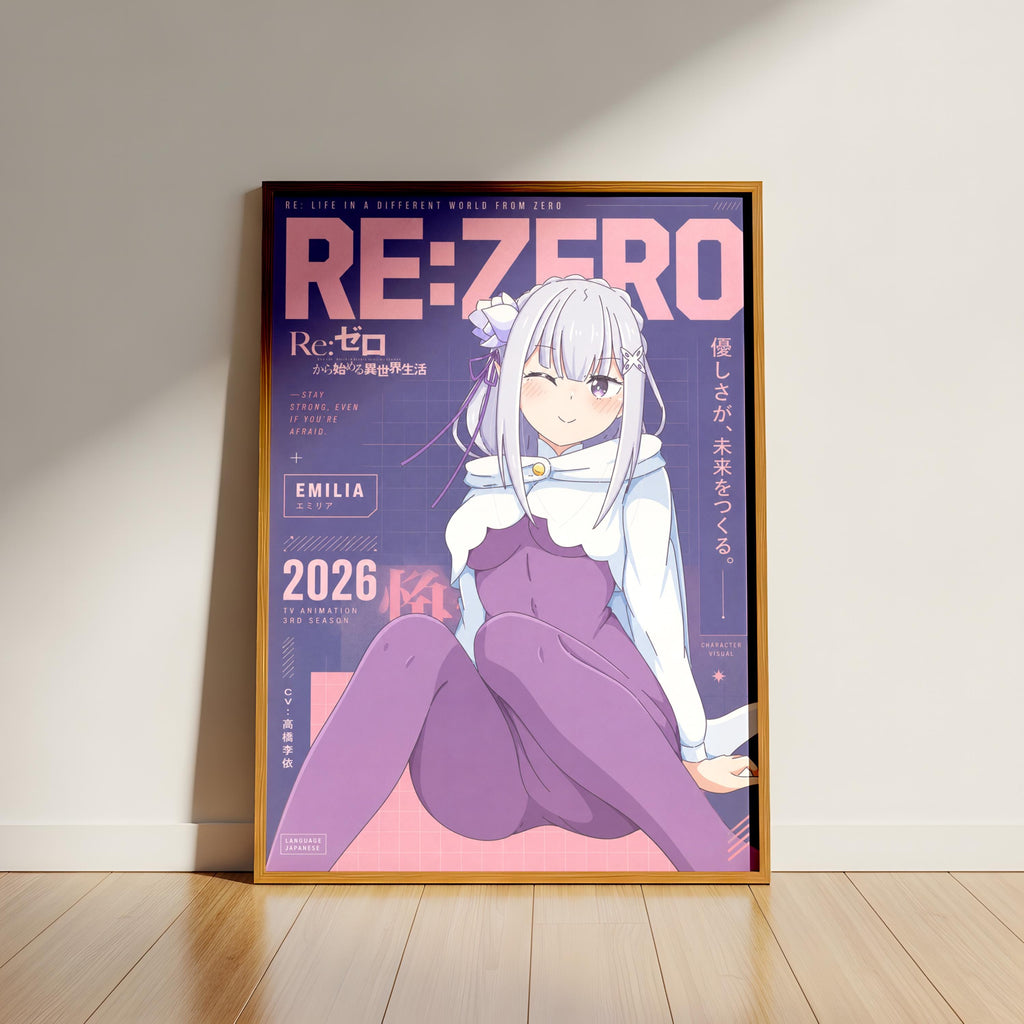 The image is a poster featuring an anime-style illustration of a young woman with long hair and a purple outfit. The poster has a pink and purple color scheme and includes text and graphics related to anime and the Re:Zero video game series.