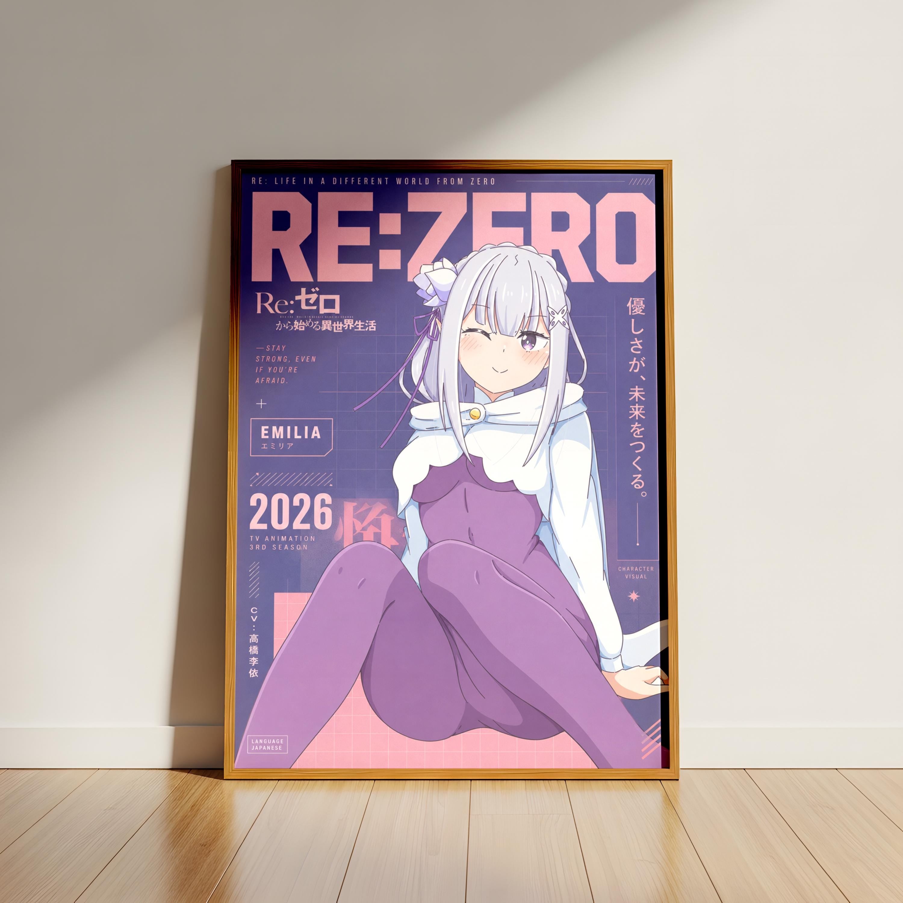 The image is a poster featuring an anime-style illustration of a young woman with long hair and a purple outfit. The poster has a pink and purple color scheme and includes text and graphics related to anime and the Re:Zero video game series.