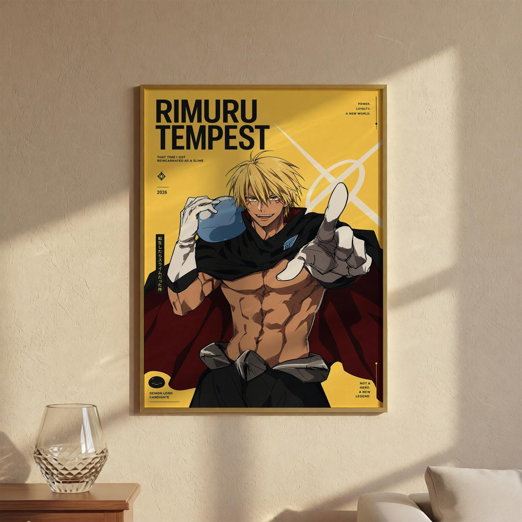 The image is a framed poster featuring an illustration of a muscular, blond-haired character wearing a red cape and holding a blue object.
