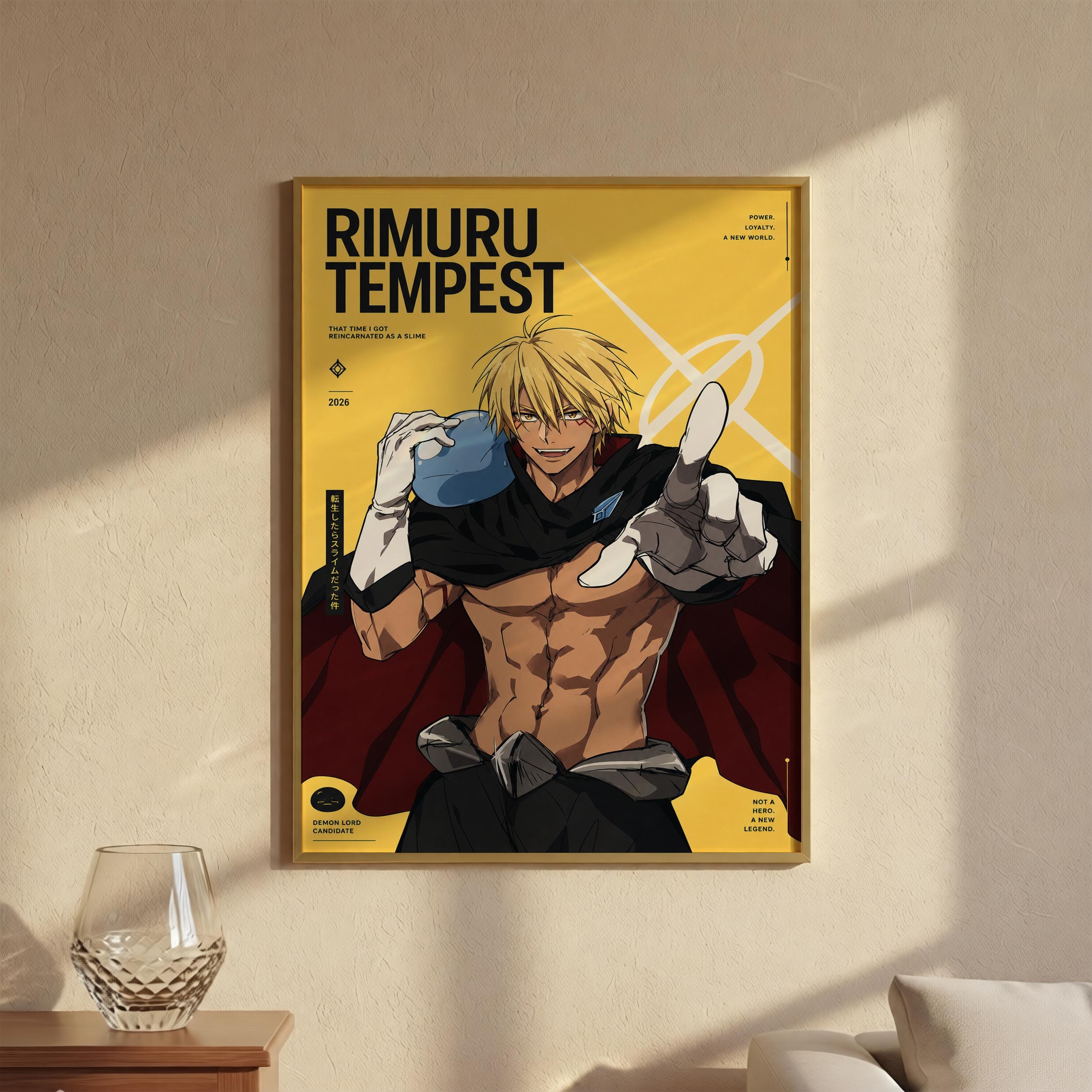 The image is a framed poster featuring an illustration of a muscular, blond-haired character wearing a red cape and holding a blue object.