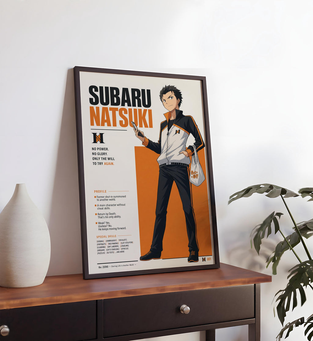 an anime poster of Subaru Natsuaki, a character from the Subaru anime series. The poster is displayed on a wooden table, with a white vase and a plant visible in the background.