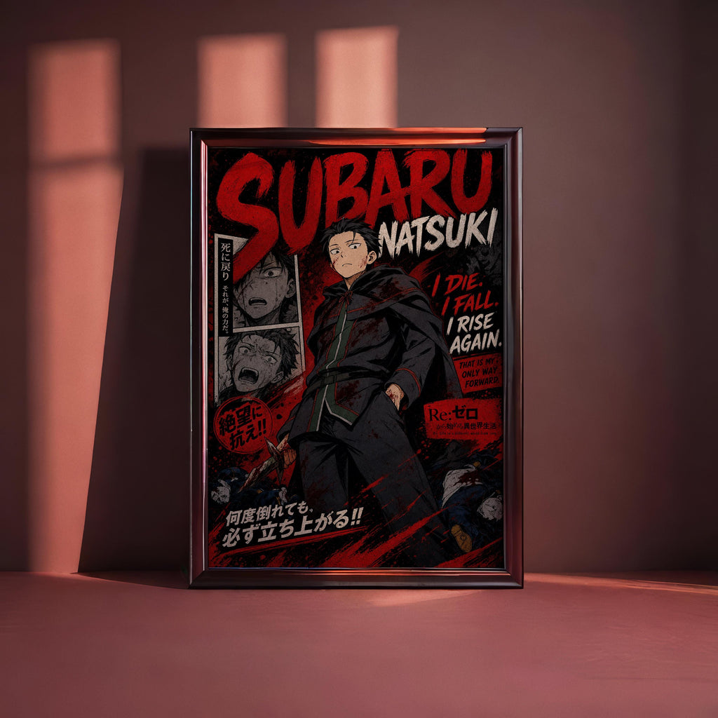 The image is a framed poster featuring an illustration of a character named Subaru, with text and various elements related to the character's story or theme.