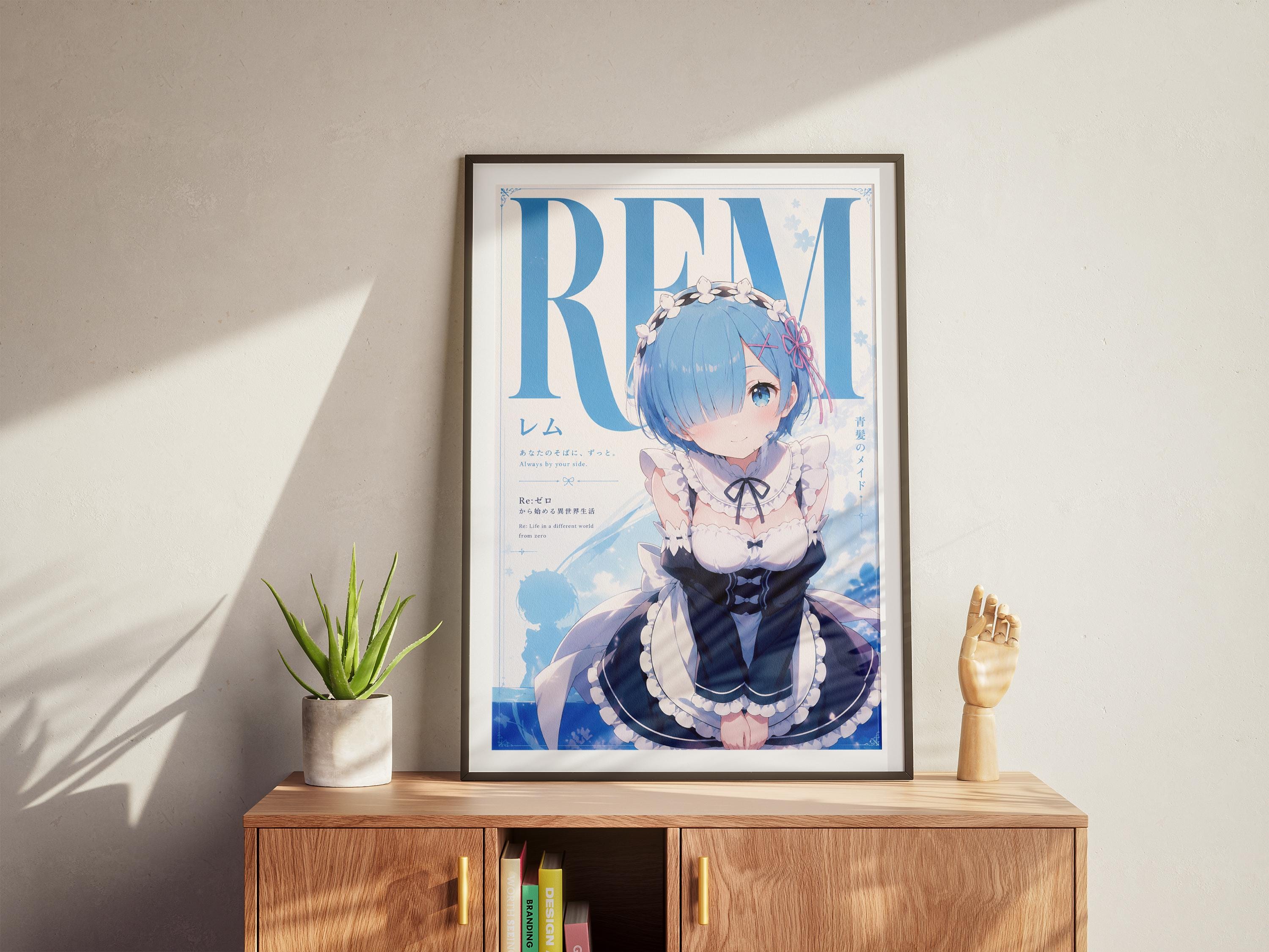 a framed poster of an anime character, with a potted plant and a small figurine on a wooden cabinet below it.