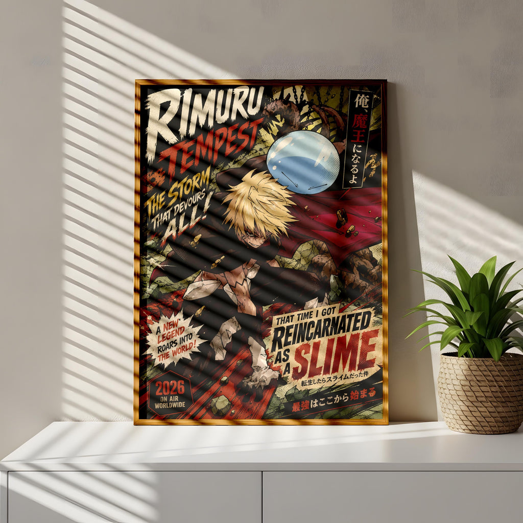 A poster featuring an anime character with a large, blue bubble in the background, surrounded by various elements such as a storm, a tree, and a plant.