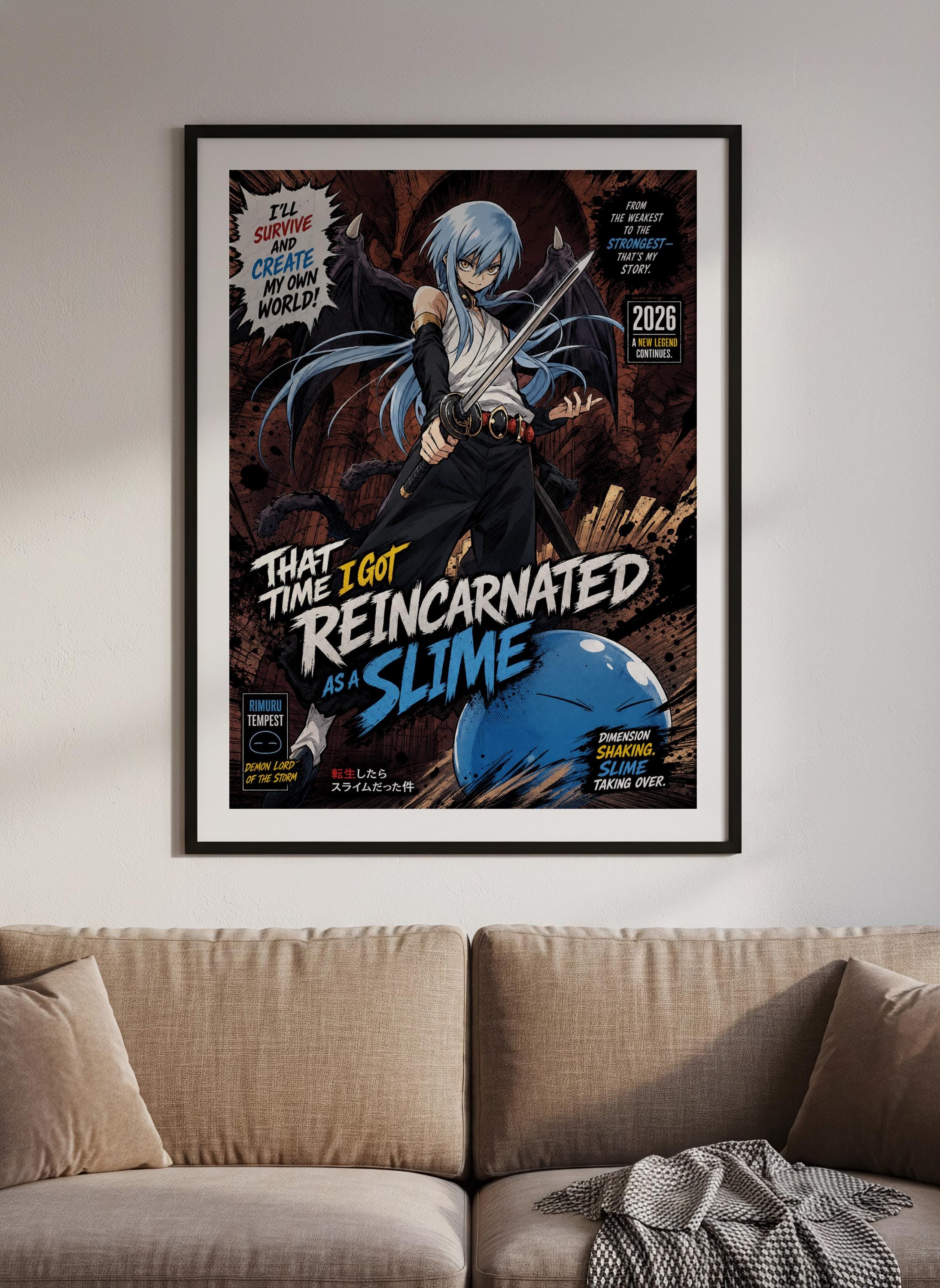 The image is a framed poster featuring an anime-style character with blue hair and a sword, set against a dark background with a large blue blob.