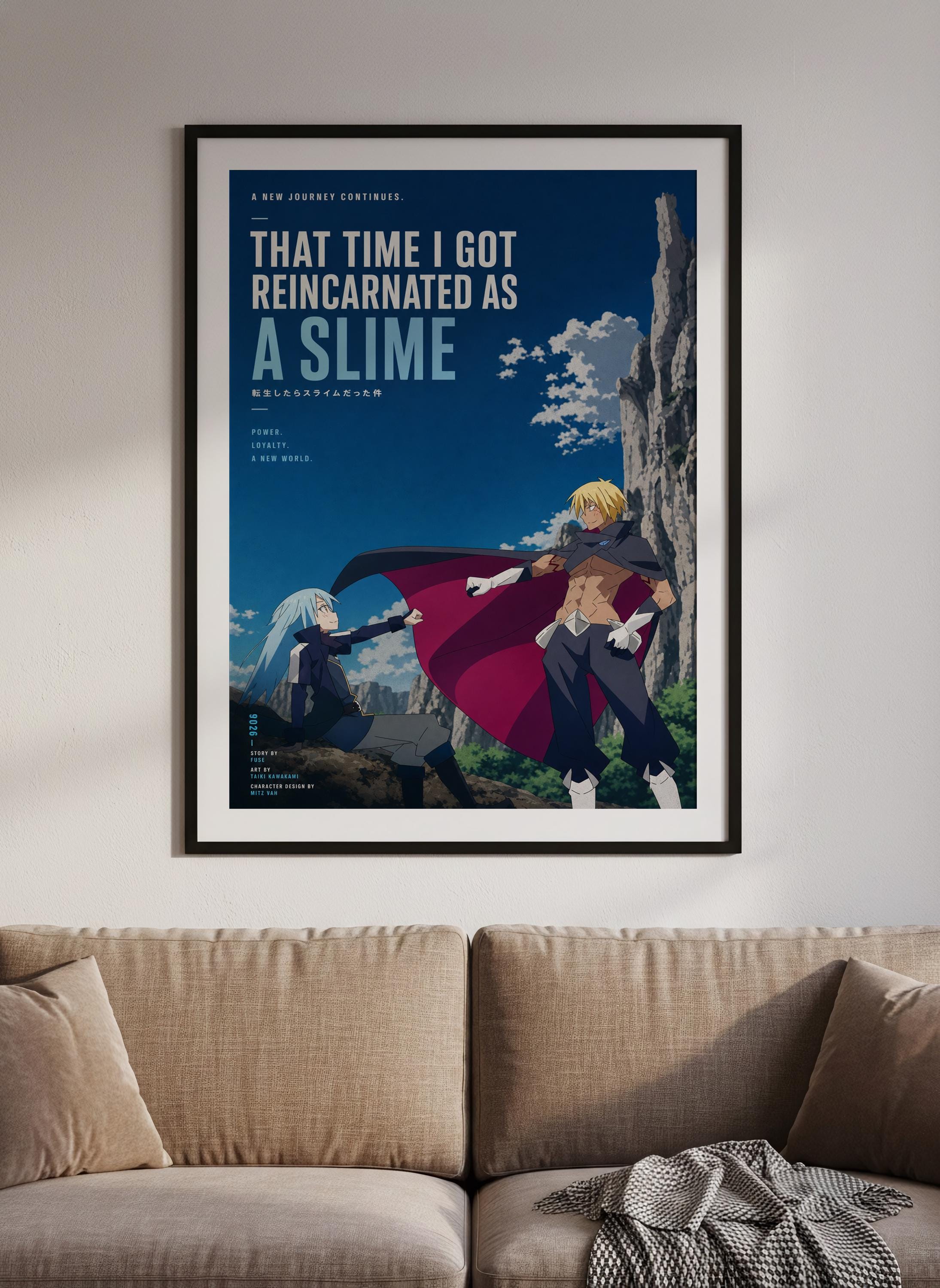 The image is a poster or artwork featuring two characters, one with a cape and the other with a cape, set against a backdrop of a mountainous landscape. The poster is framed and hangs on a wall above a couch.