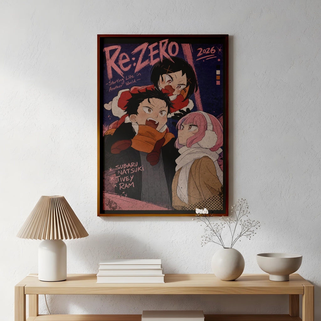 a framed poster of three anime characters, including a man, a woman, and a child, hanging on a wall above a wooden table with a lamp and some decorative items.