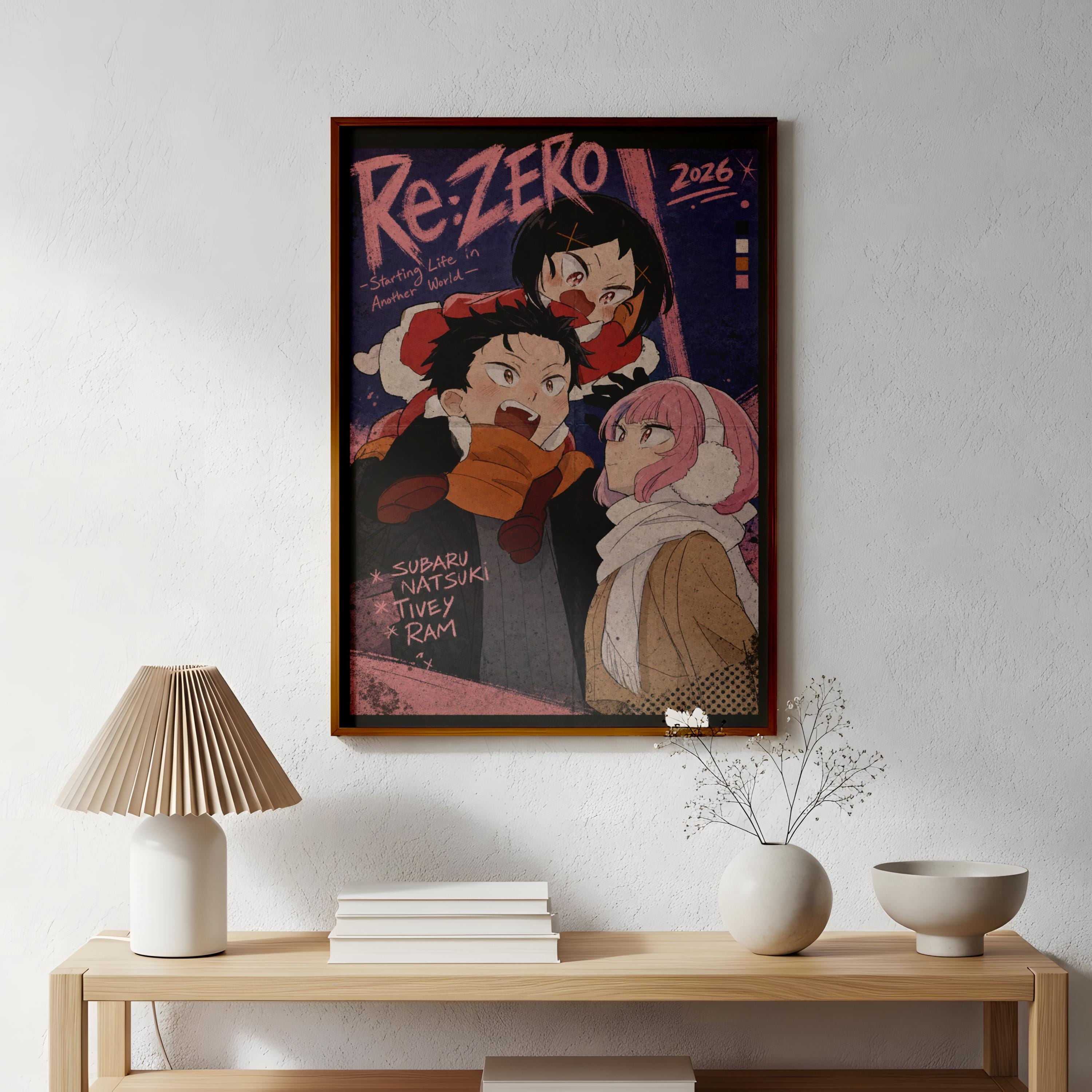 a framed poster of three anime characters, including a man, a woman, and a child, hanging on a wall above a wooden table with a lamp and some decorative items.