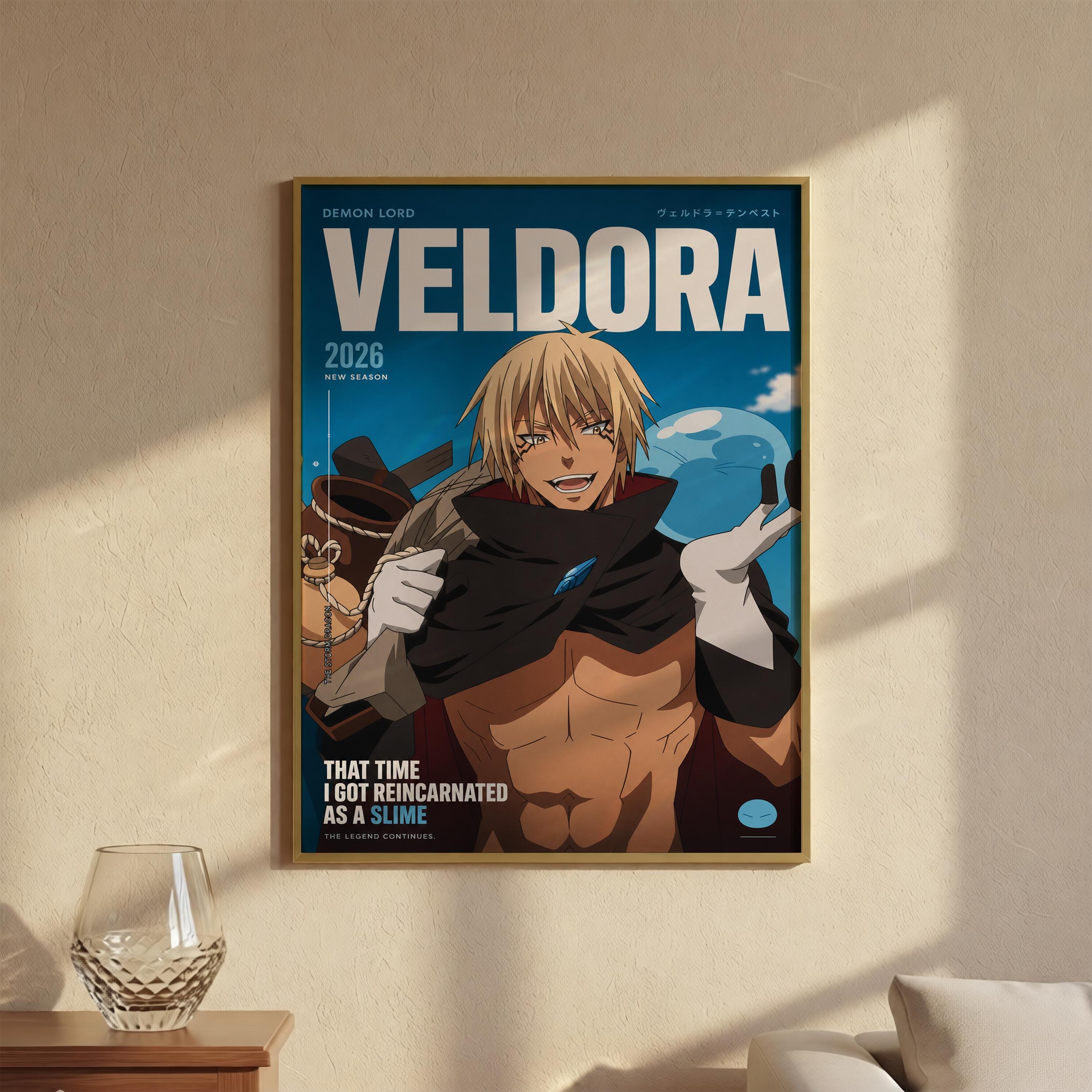 The image is a framed poster featuring an illustration of a muscular man with blonde hair, wearing a black cape and holding a blue object. The poster has a blue background with white text and a blue circle with a white dot at the bottom.