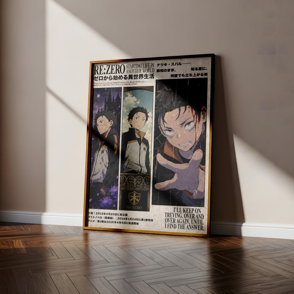 The image is a poster featuring three panels with characters from the anime "Re:Zero: Starting Life in Another World". The poster is displayed on a wooden floor against a white wall.
