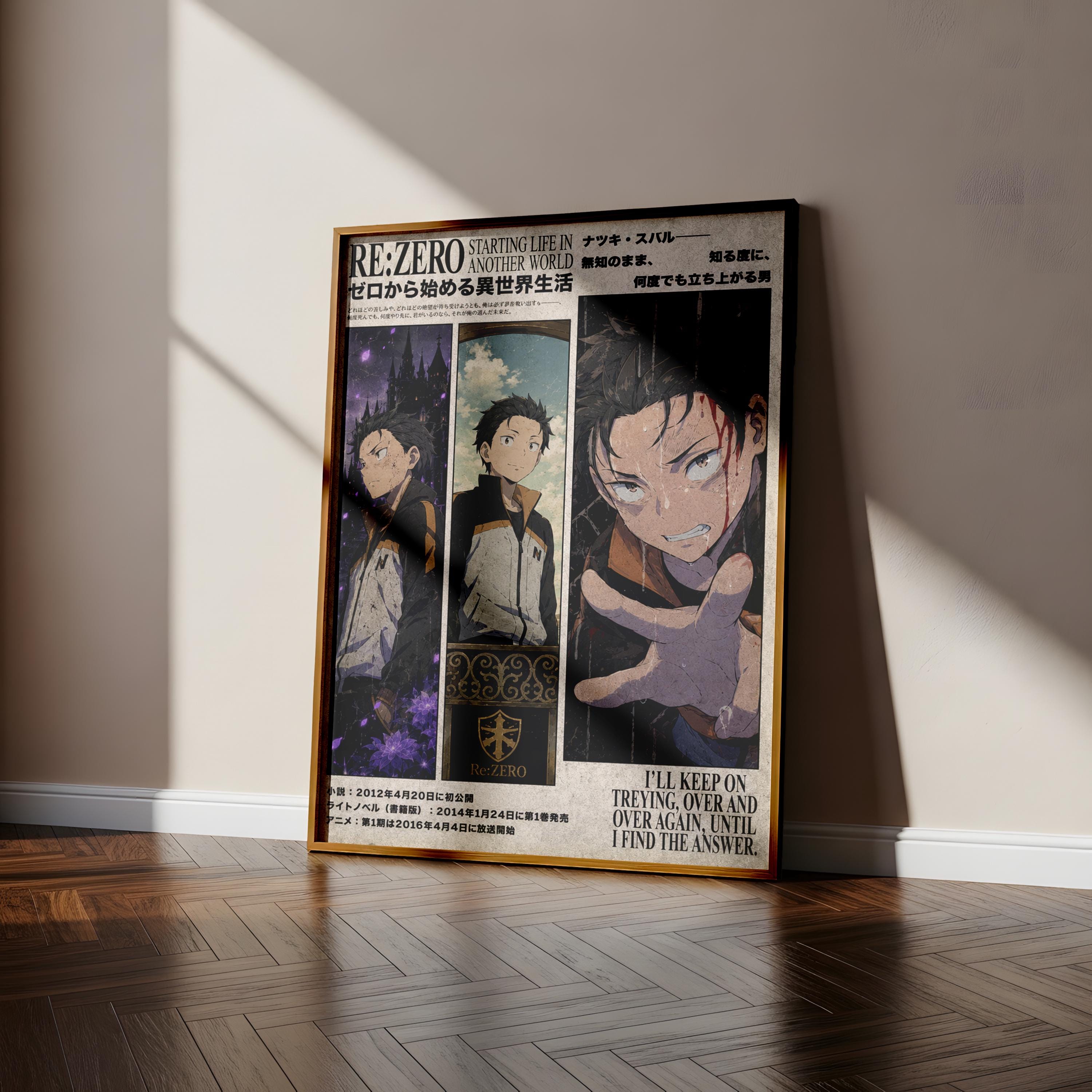 The image is a poster featuring three panels with characters from the anime "Re:Zero: Starting Life in Another World". The poster is displayed on a wooden floor against a white wall.