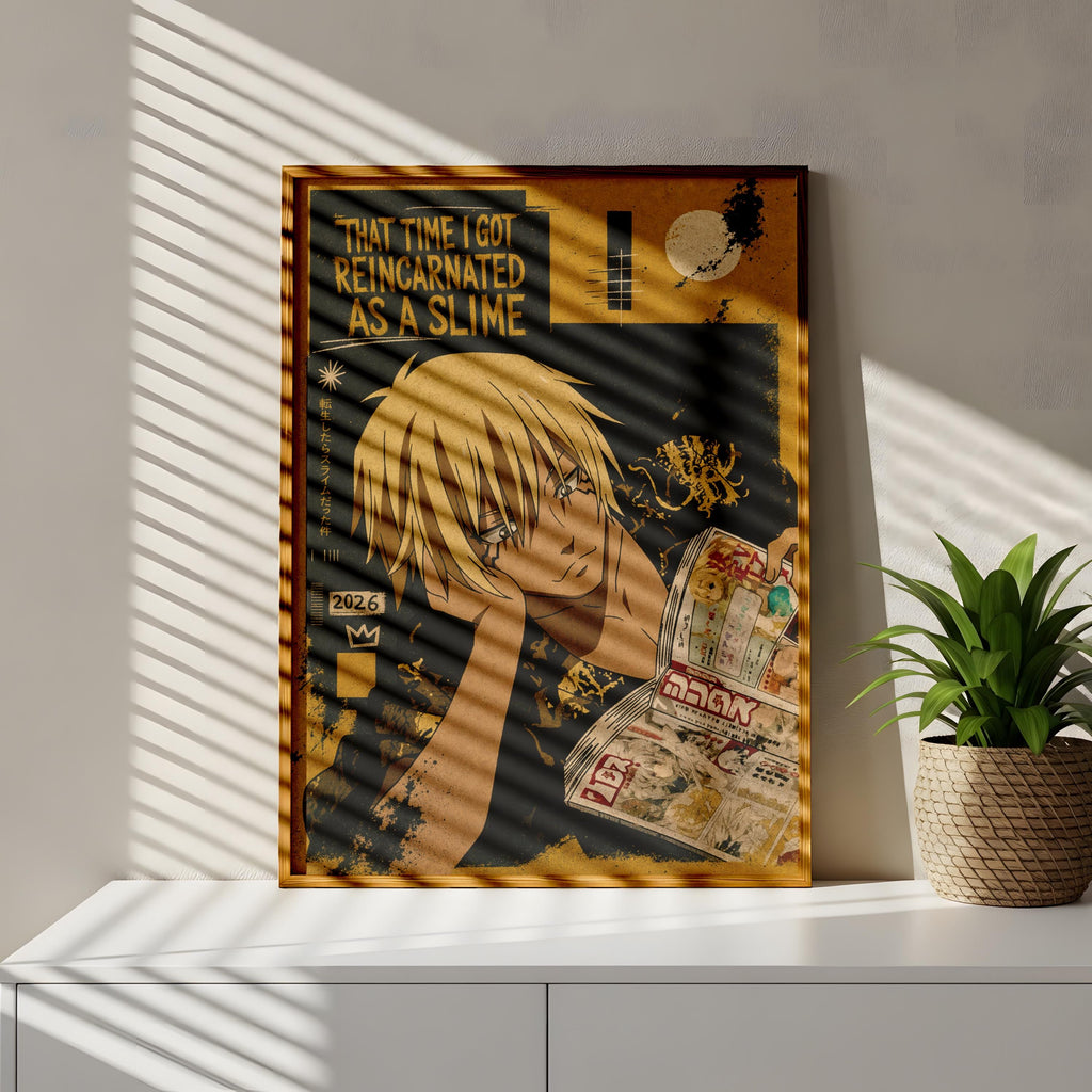 a framed poster of an anime character with a caption that reads "That time I got reinedated as a slime".