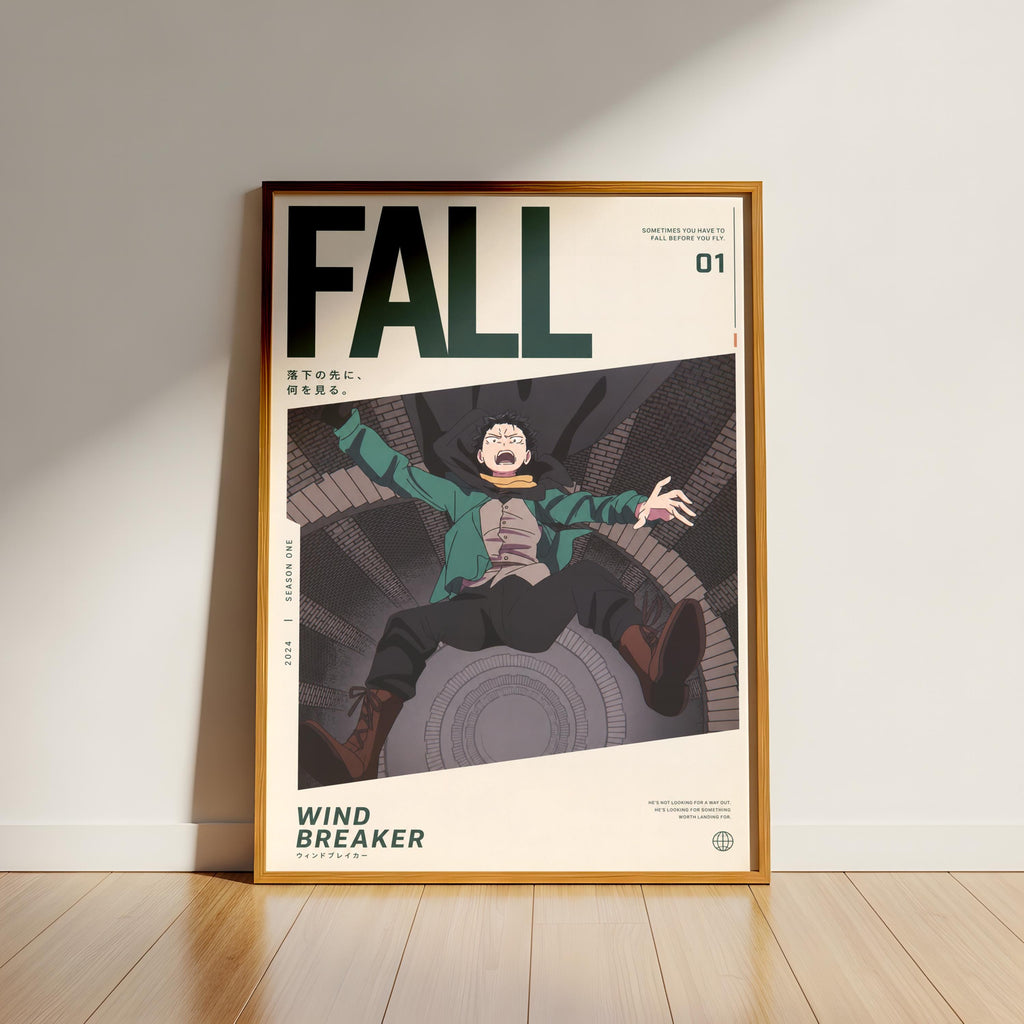 The image is a framed poster featuring an illustration of a character from the anime series "Windbreaker". The poster has a minimalist design with a white background and a black border. The title "FALL" is prominently displayed at the top, and the character's name "Windbreaker" is written below the title. The poster also includes the text "SEMESTER ONE" and "01" at the bottom, indicating the season and issue number of the series.