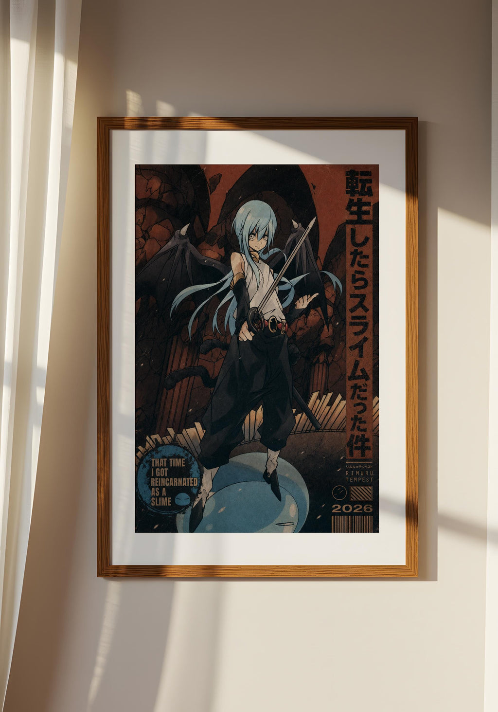 a framed poster of an anime-style character with blue hair and a dark outfit, standing in a dark, ominous setting.
