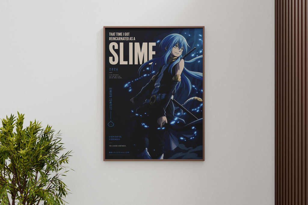 The image is a poster featuring an anime-style character with blue hair and a dark outfit, surrounded by glowing blue lights. The poster has a black background with white text and a blue title that reads "SLIME".