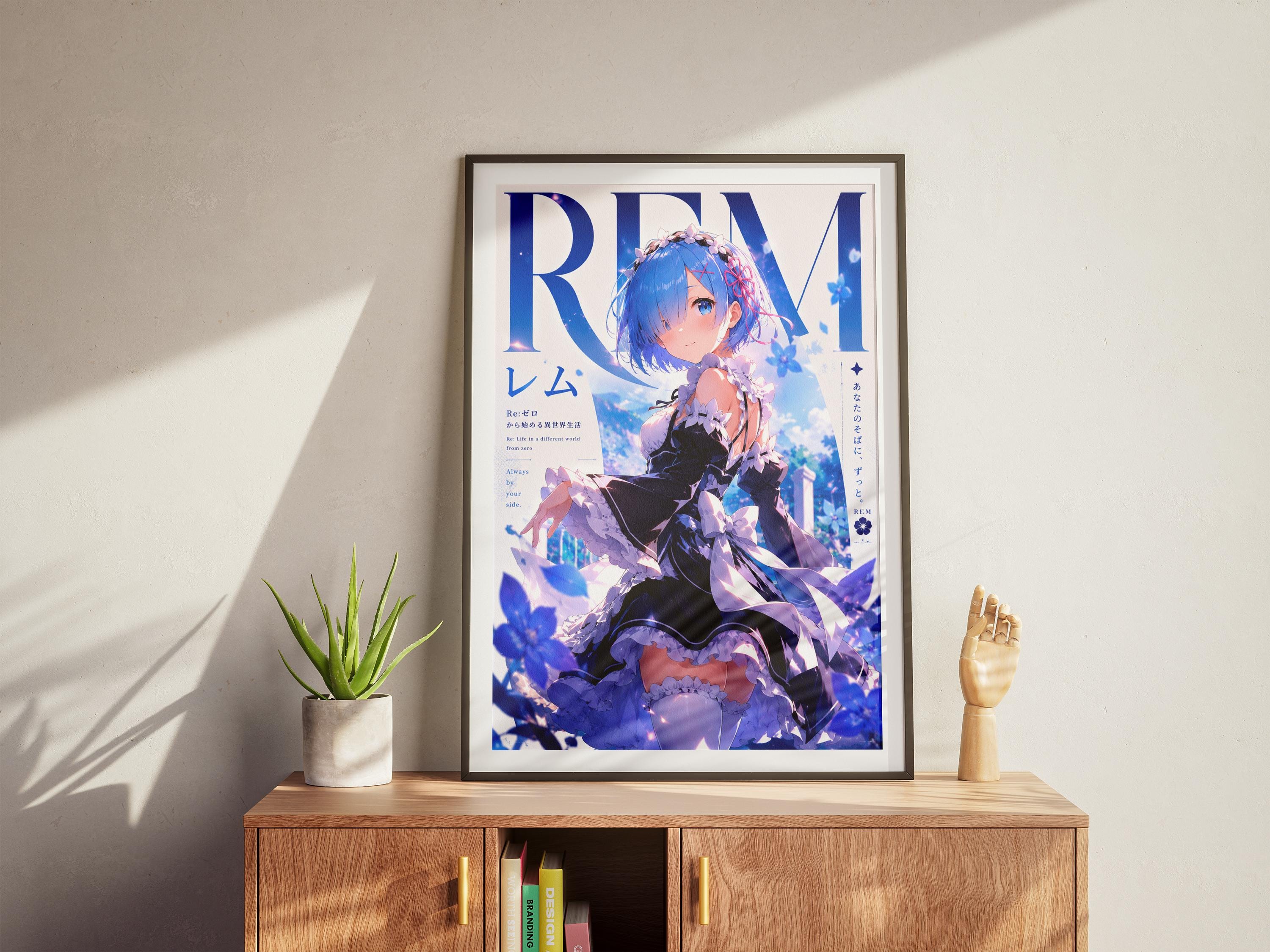 a framed poster of an anime-style illustration of a young woman with blue hair, dressed in a black dress, standing in a fantastical, colorful landscape. The poster is displayed on a wooden cabinet, and there is a potted plant and a small figurine on the cabinet as well.