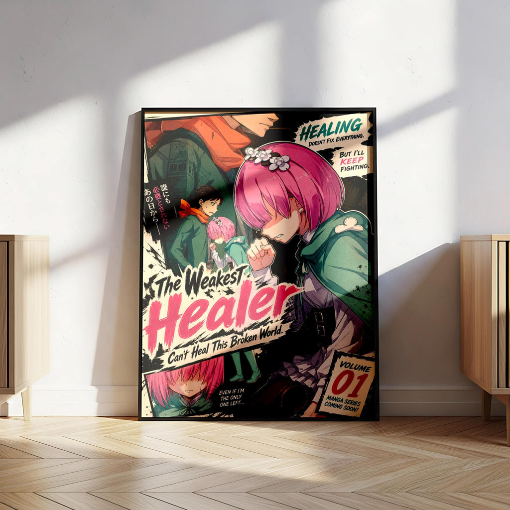 The image is a poster featuring an anime-style illustration of a character with pink hair, wearing a green outfit, and the text "The Weakest Healer" prominently displayed.