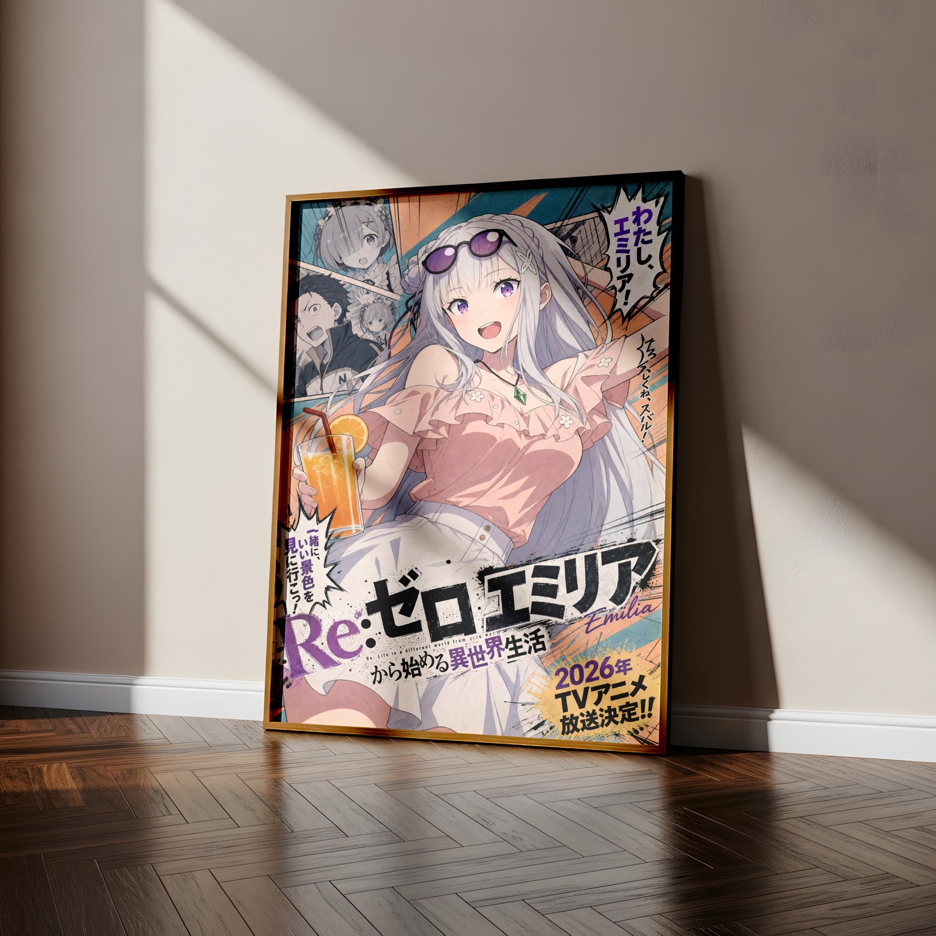 The image is a poster featuring an anime-style illustration of a young woman with long hair and sunglasses, along with various other characters and elements from the anime.