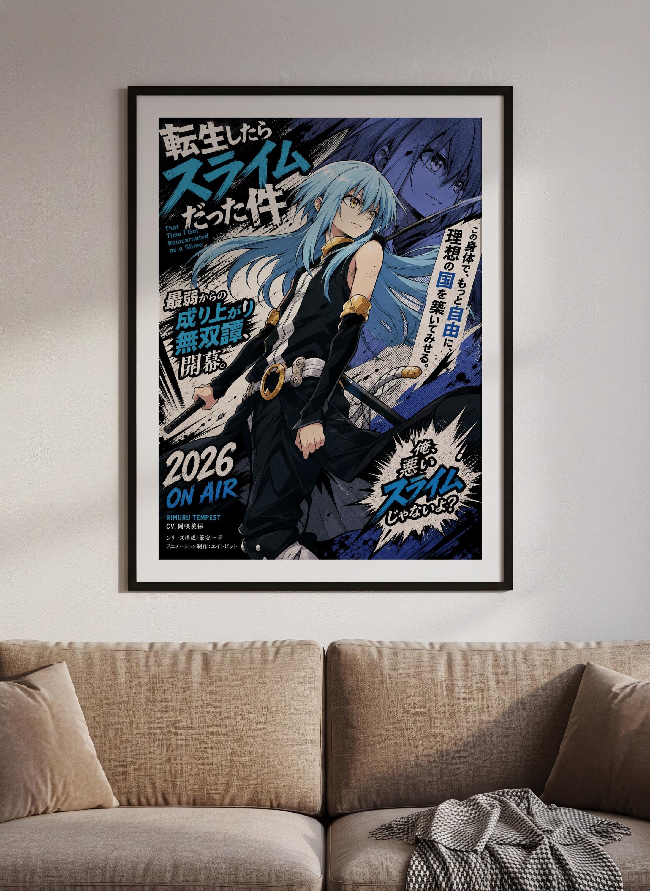 The image is a framed poster featuring an anime-style illustration of a character with blue hair and a black outfit, set against a background with various text elements and graphics.