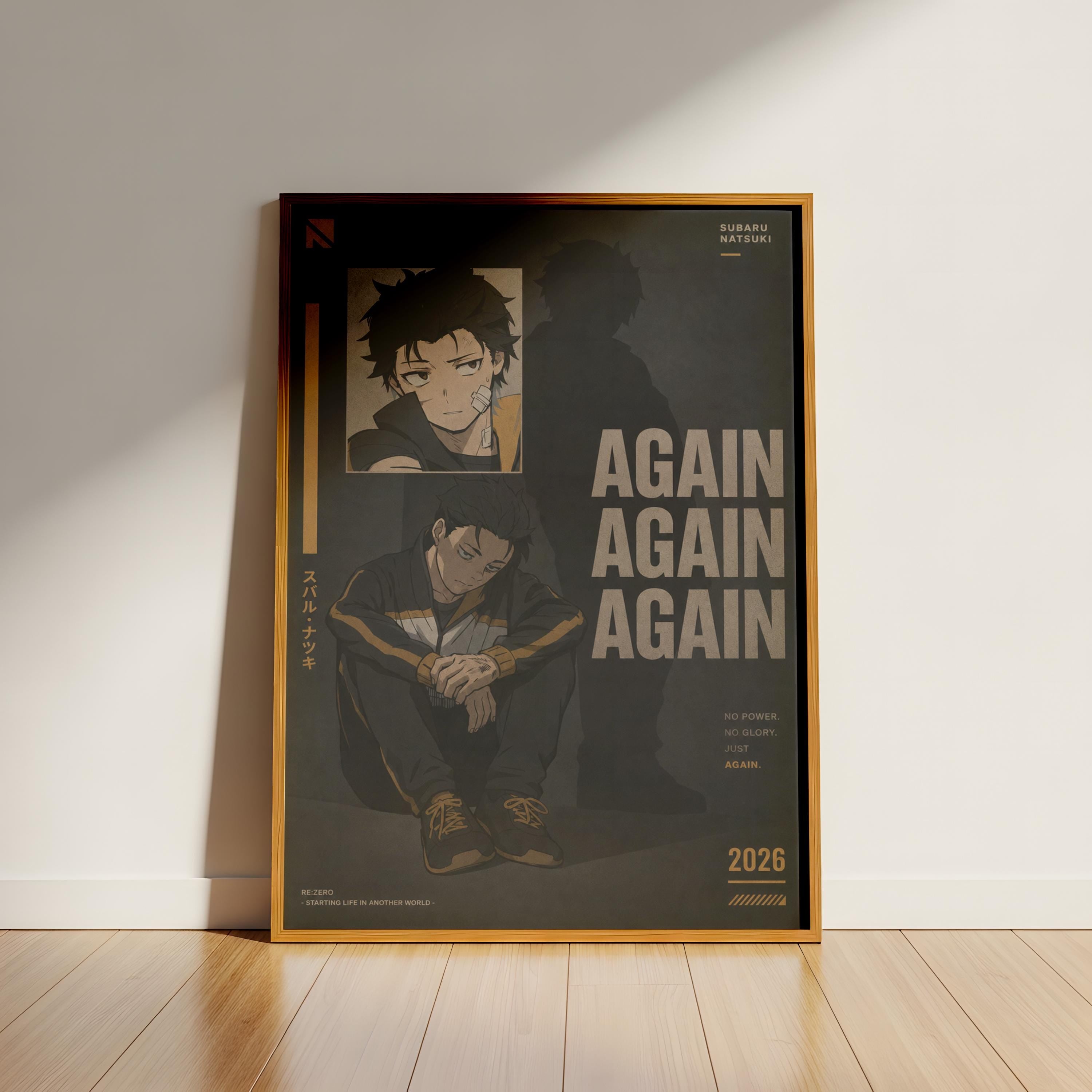 The image is a poster featuring an illustration of a person with a contemplative expression, accompanied by text that reads "AGAIN AGAIN AGAIN" and "NO POWER, NO GLORY, NO JOY, JUST AGE".