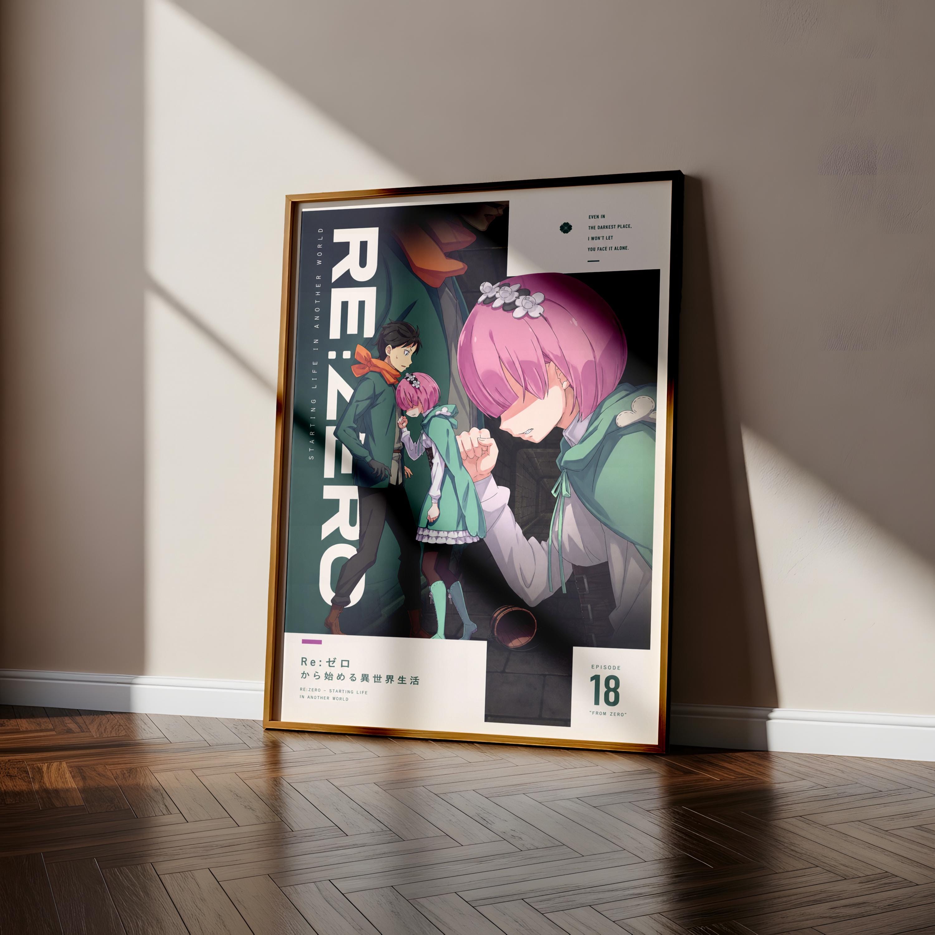 The image is a poster featuring an anime-style illustration of three characters, with a focus on a pink-haired character. The poster is displayed on a wooden floor against a white wall, and the poster appears to be framed.