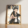 The image is a poster featuring an anime-style illustration of a character with a serious expression, standing in a room with a wooden floor.